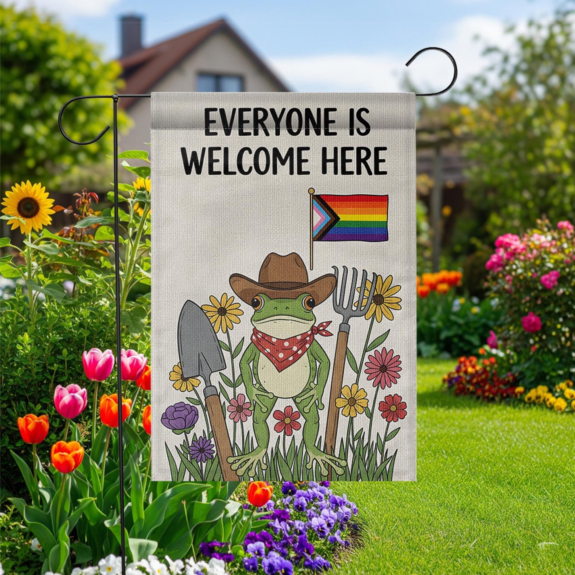 Everyone Is Welcome Here Garden Flag, LGBTQ Frog Yard Decor, Cute Pride Outdoor Sign, Inclusive Funny Garden Decoration