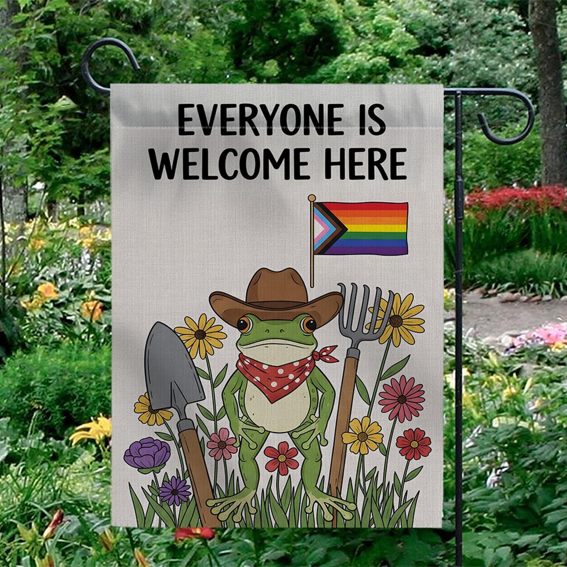 Everyone Is Welcome Here Garden Flag, LGBTQ Frog Yard Decor, Cute Pride Outdoor Sign, Inclusive Funny Garden Decoration