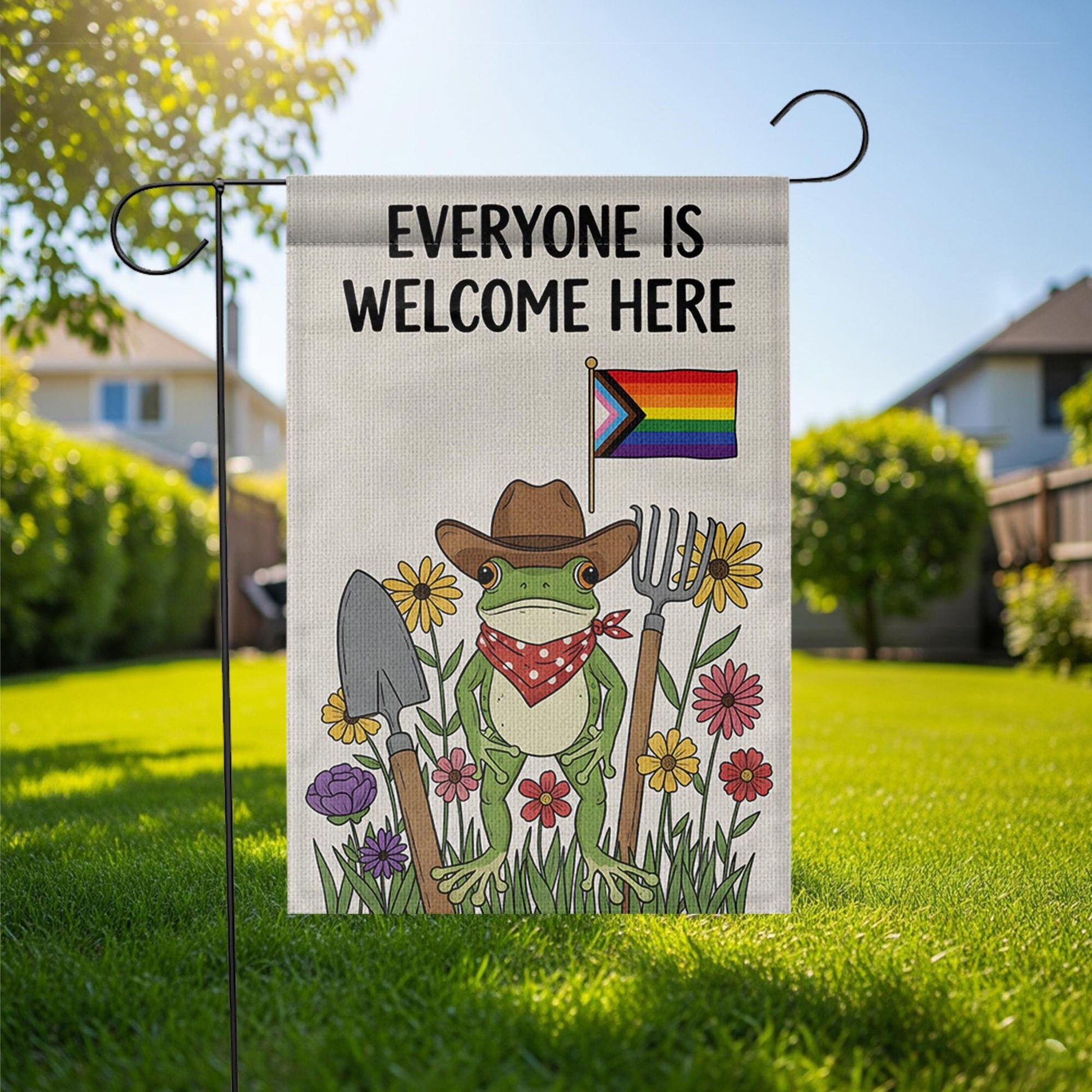 Everyone Is Welcome Here Garden Flag, LGBTQ Frog Yard Decor, Cute Pride Outdoor Sign, Inclusive Funny Garden Decoration