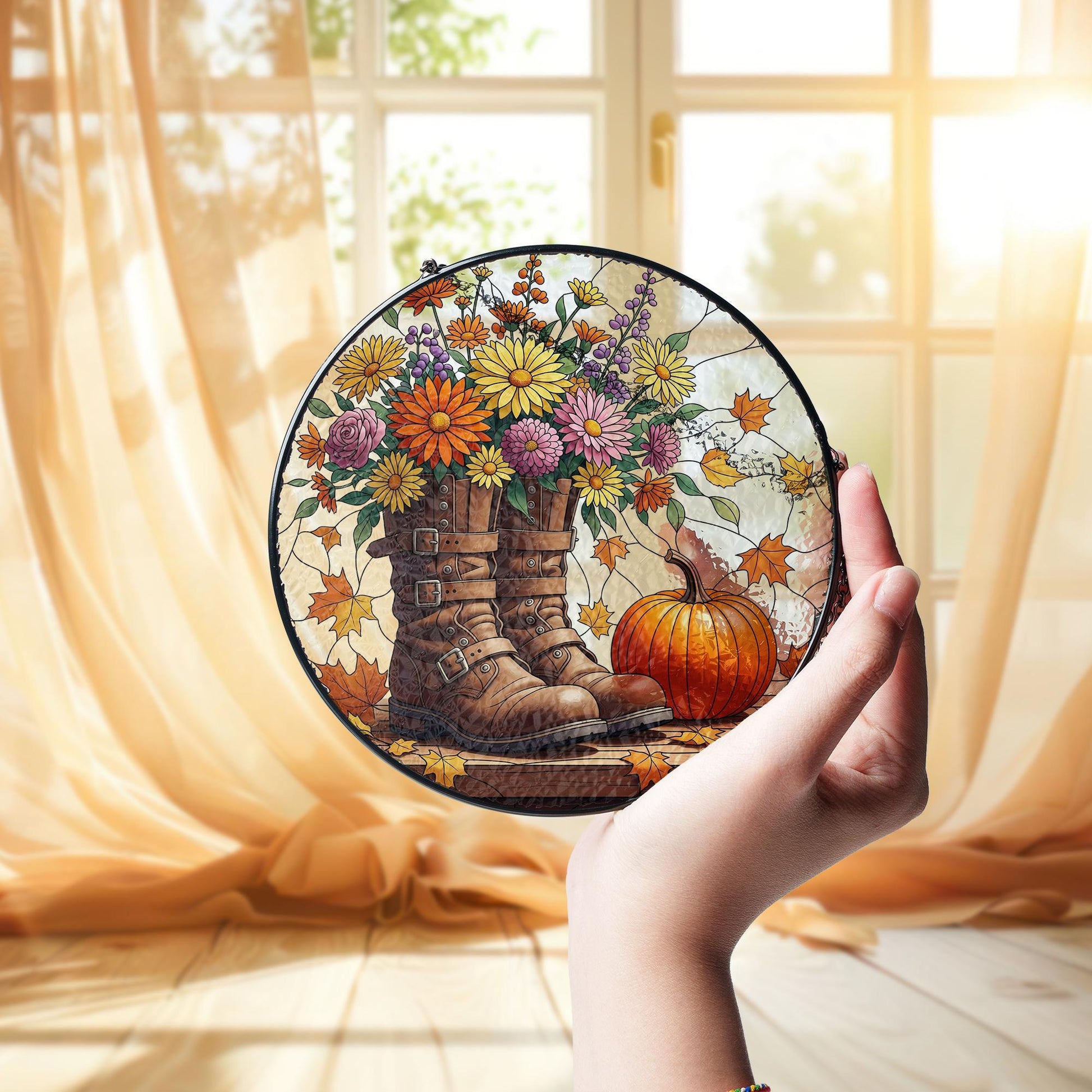 Autumn Boots & Flowers Glass Suncatcher – Fall Window Hanging with Pumpkin and Leaves, Rustic Floral Decor