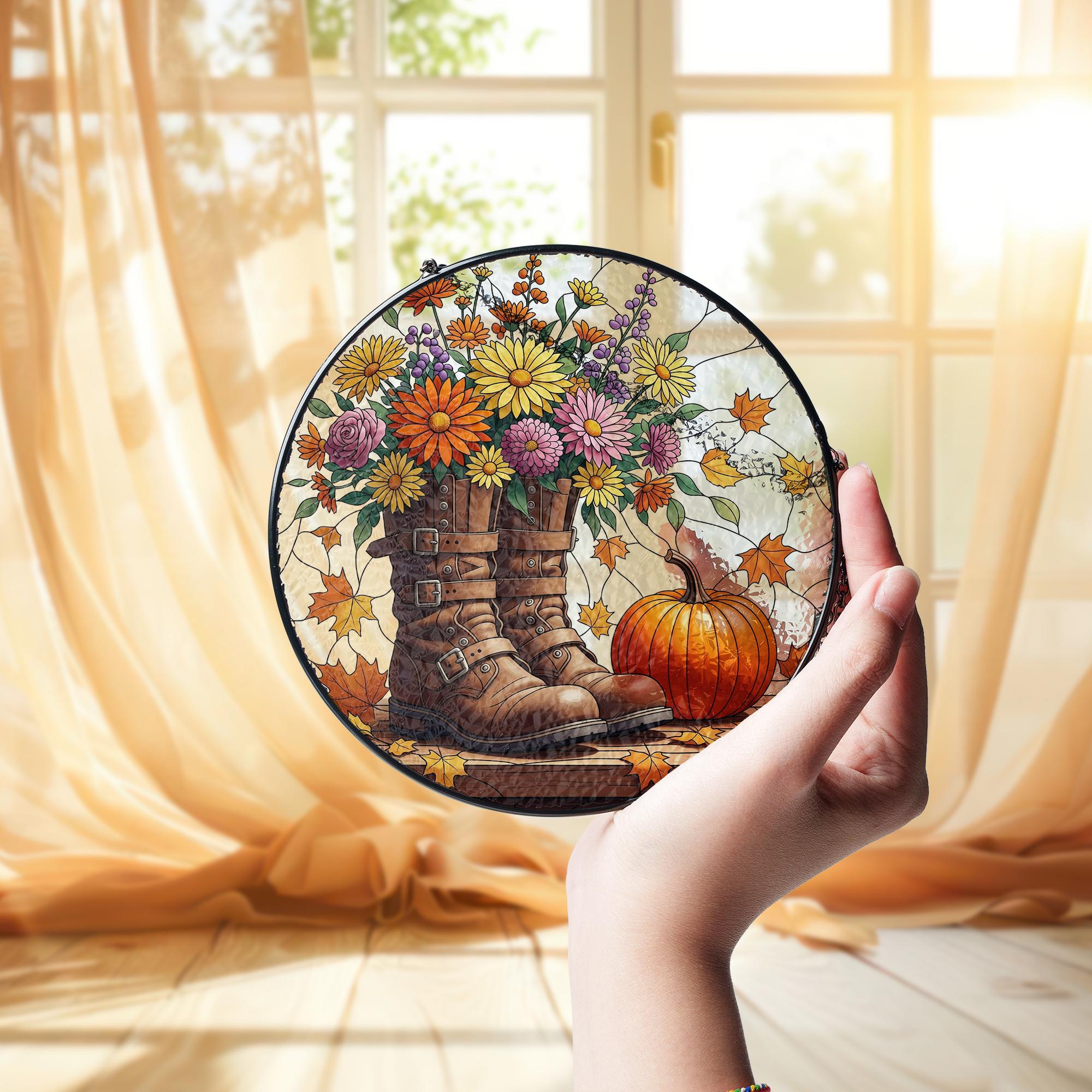 Autumn Boots & Flowers Glass Suncatcher – Fall Window Hanging with Pumpkin and Leaves, Rustic Floral Decor