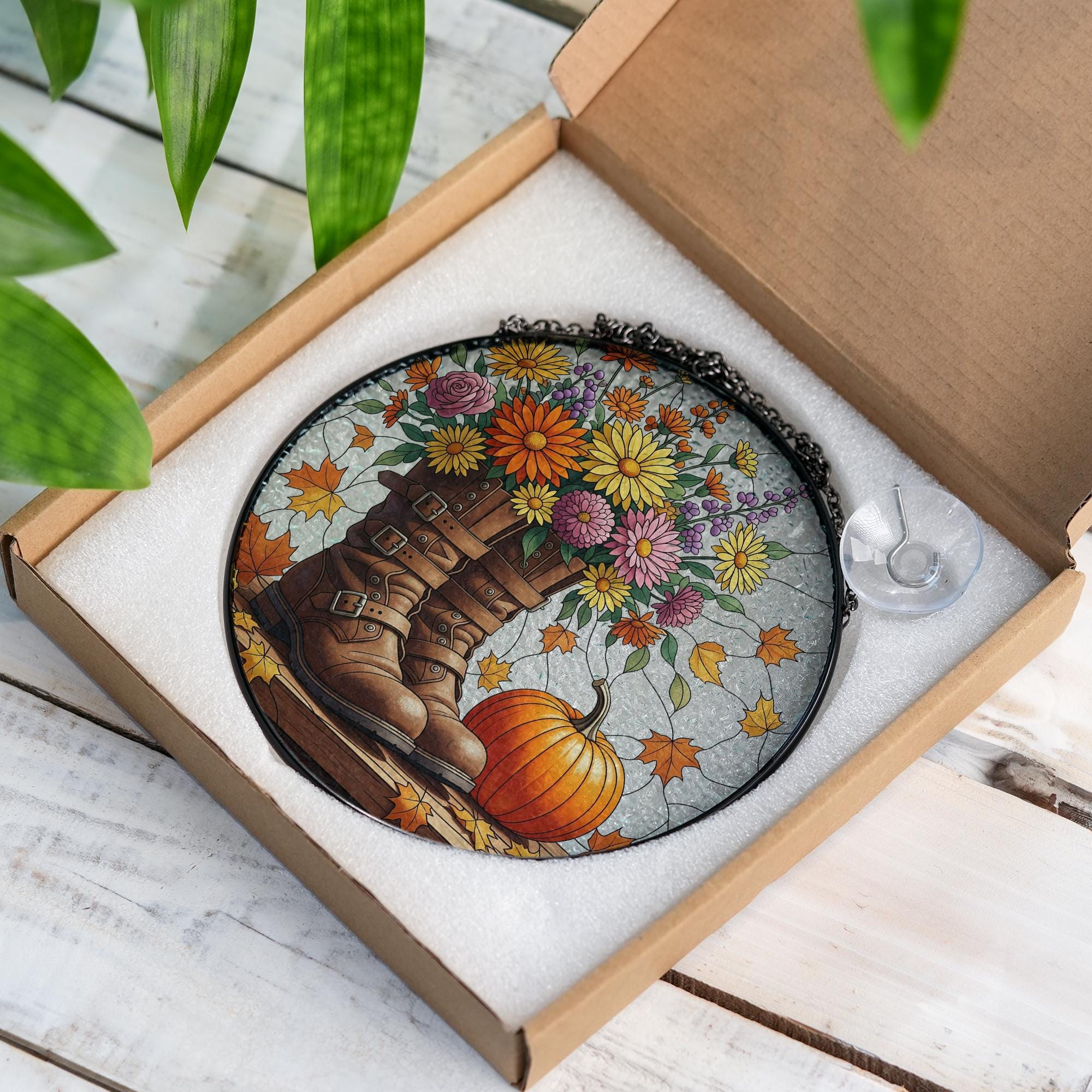 Autumn Boots & Flowers Glass Suncatcher – Fall Window Hanging with Pumpkin and Leaves, Rustic Floral Decor