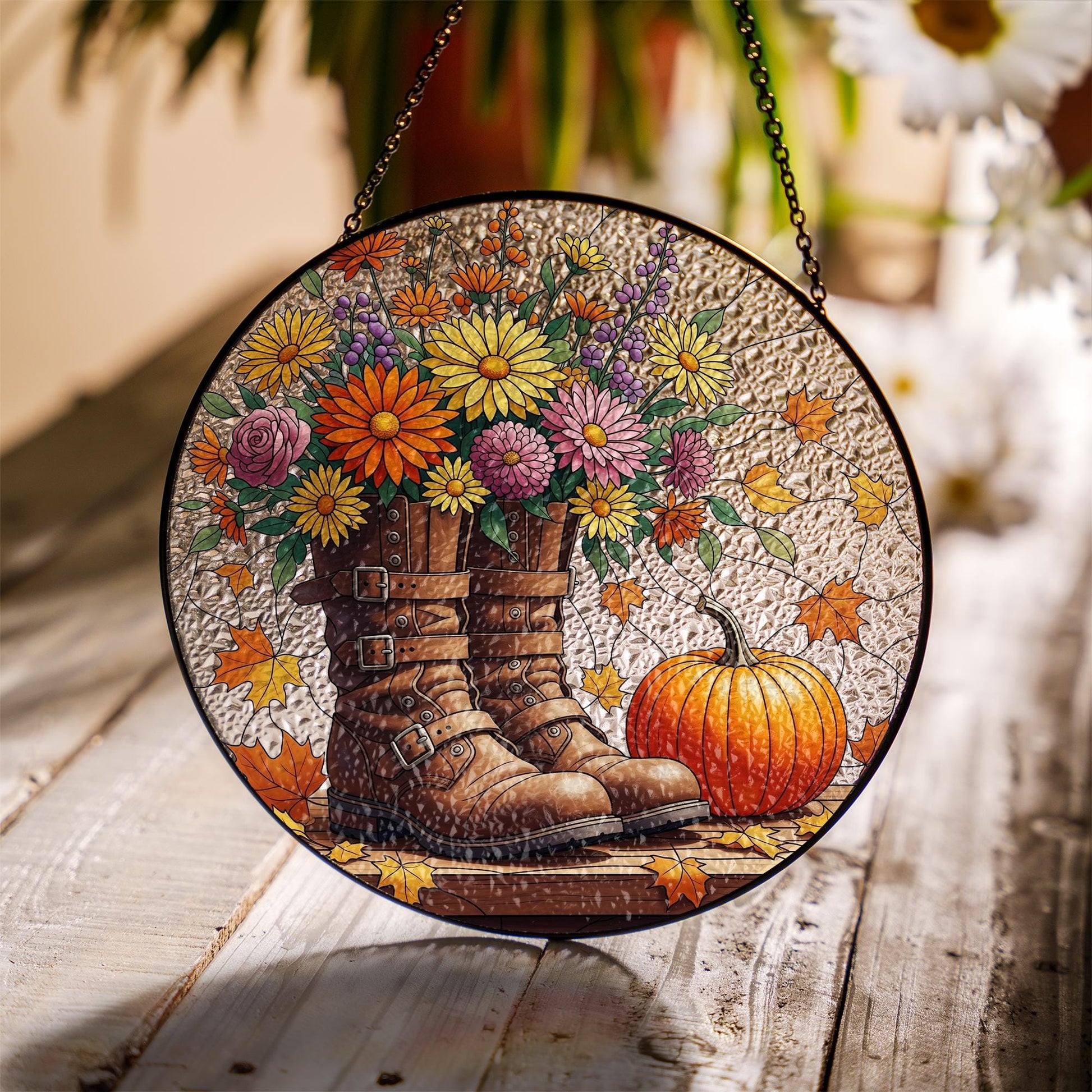 Autumn Boots & Flowers Glass Suncatcher – Fall Window Hanging with Pumpkin and Leaves, Rustic Floral Decor