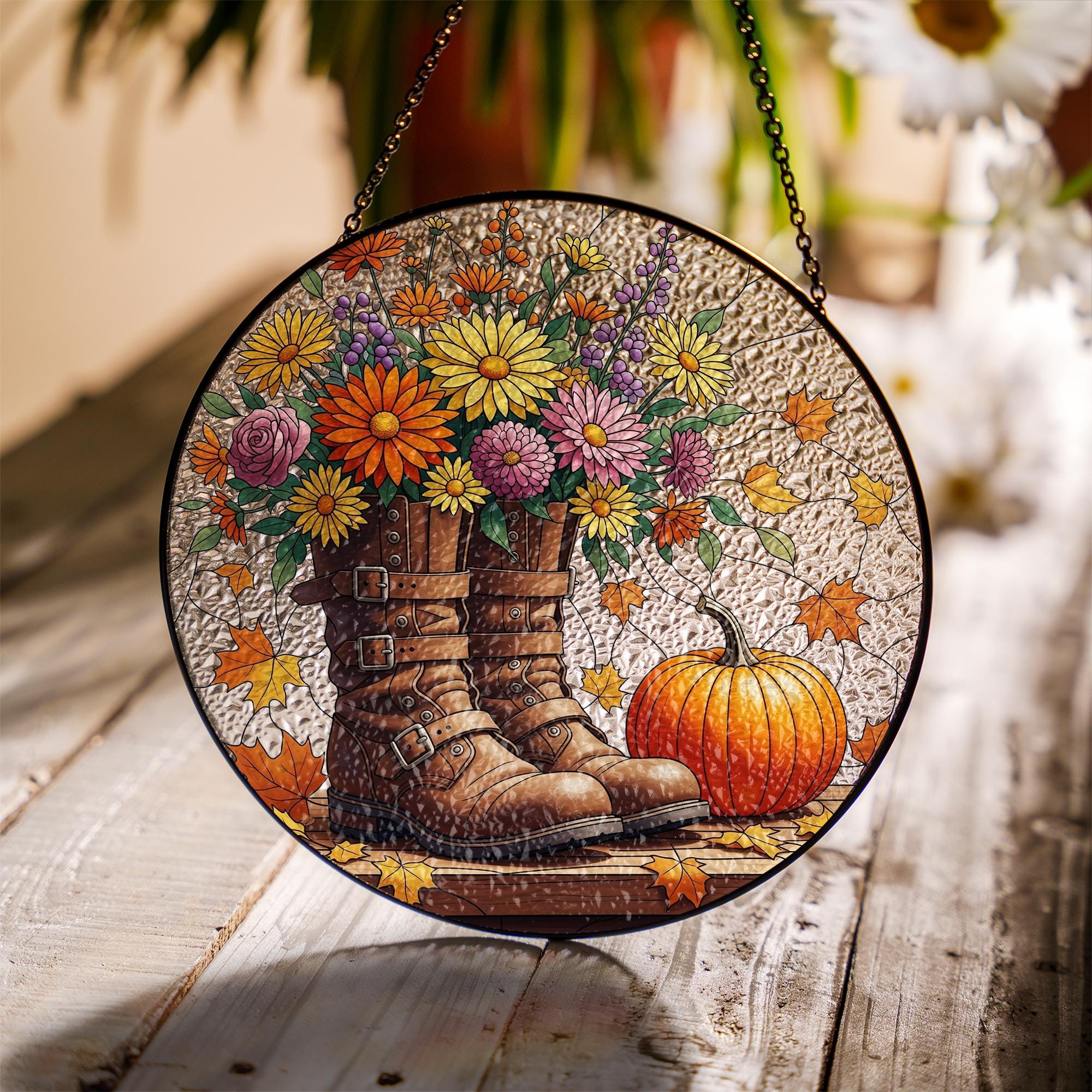 Autumn Boots & Flowers Glass Suncatcher – Fall Window Hanging with Pumpkin and Leaves, Rustic Floral Decor