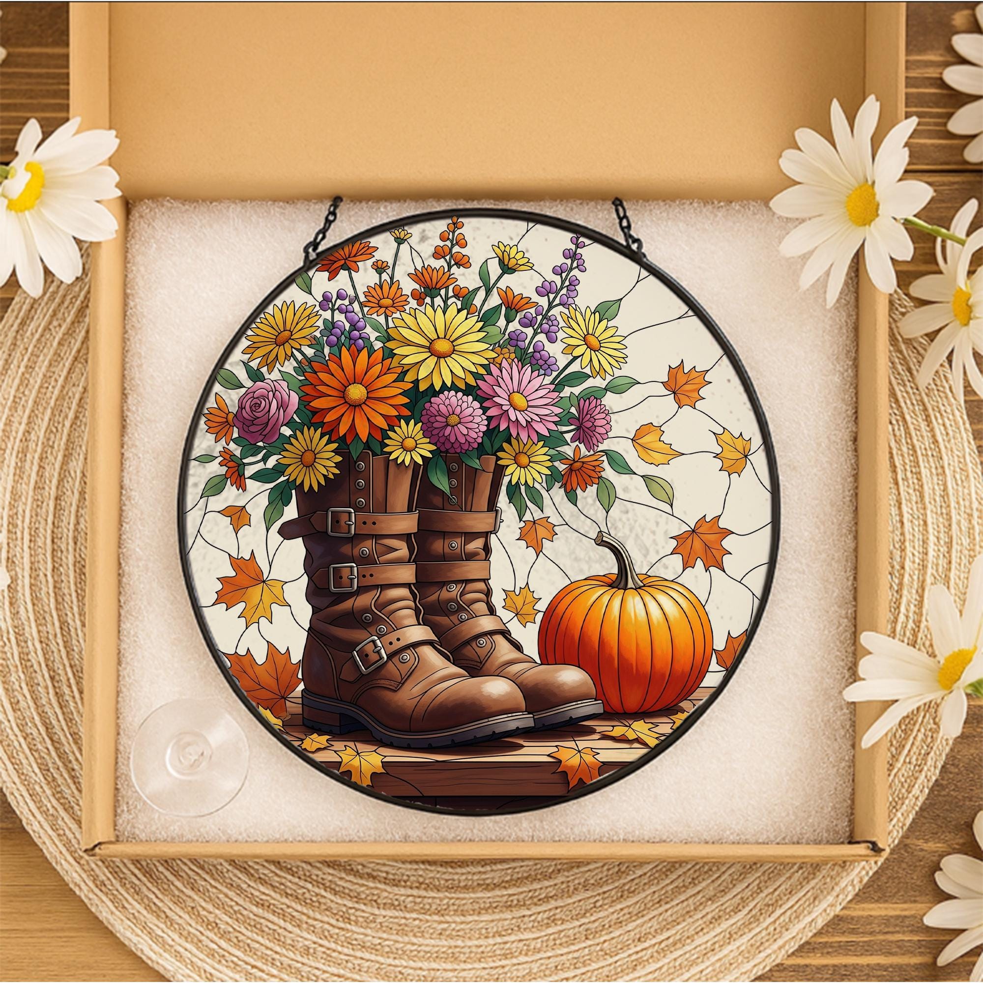 Autumn Boots & Flowers Glass Suncatcher – Fall Window Hanging with Pumpkin and Leaves, Rustic Floral Decor