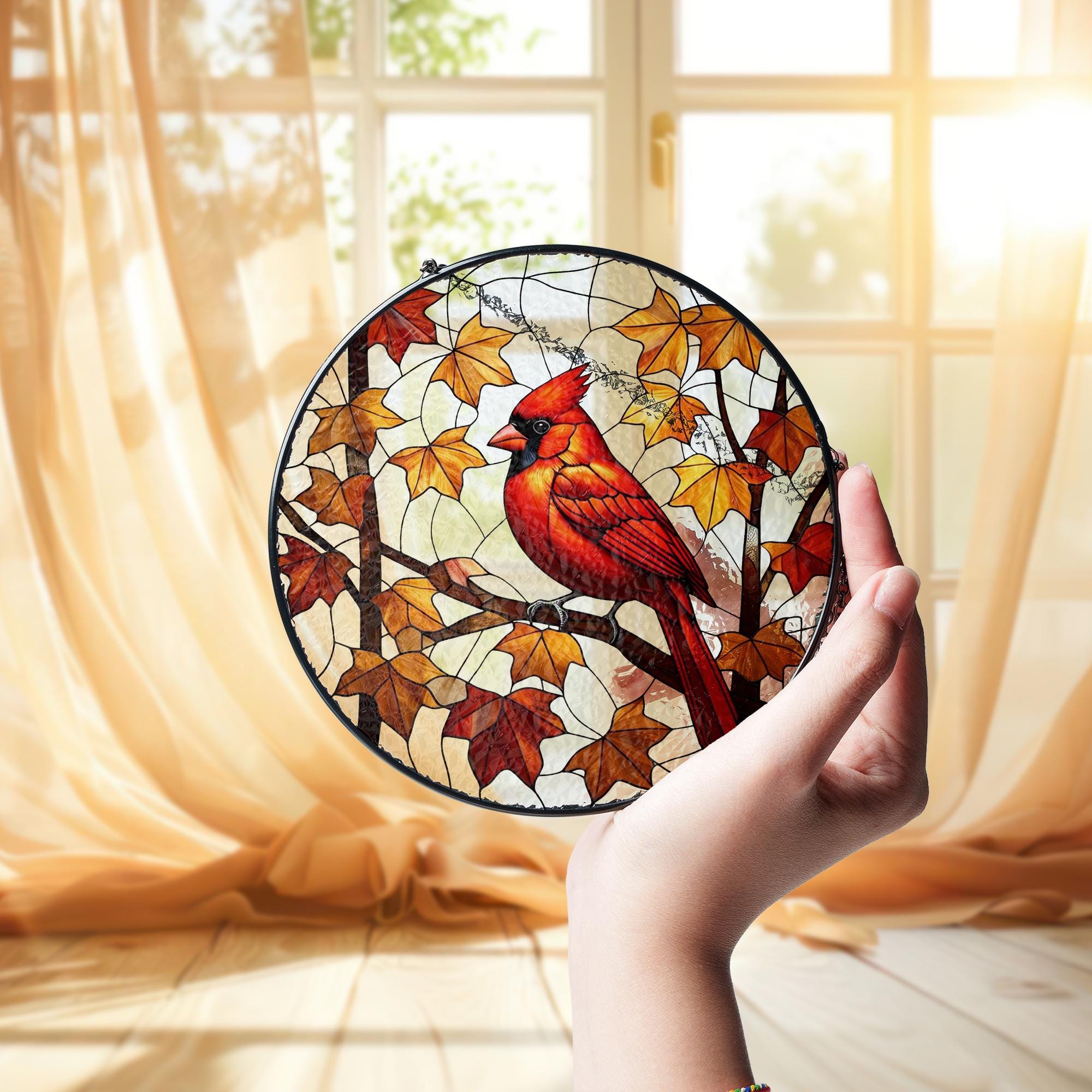 Cardinal Glass Suncatcher – Autumn Leaves Bird Window Hanging, Red Cardinal Memorial Gift or Nature Decor