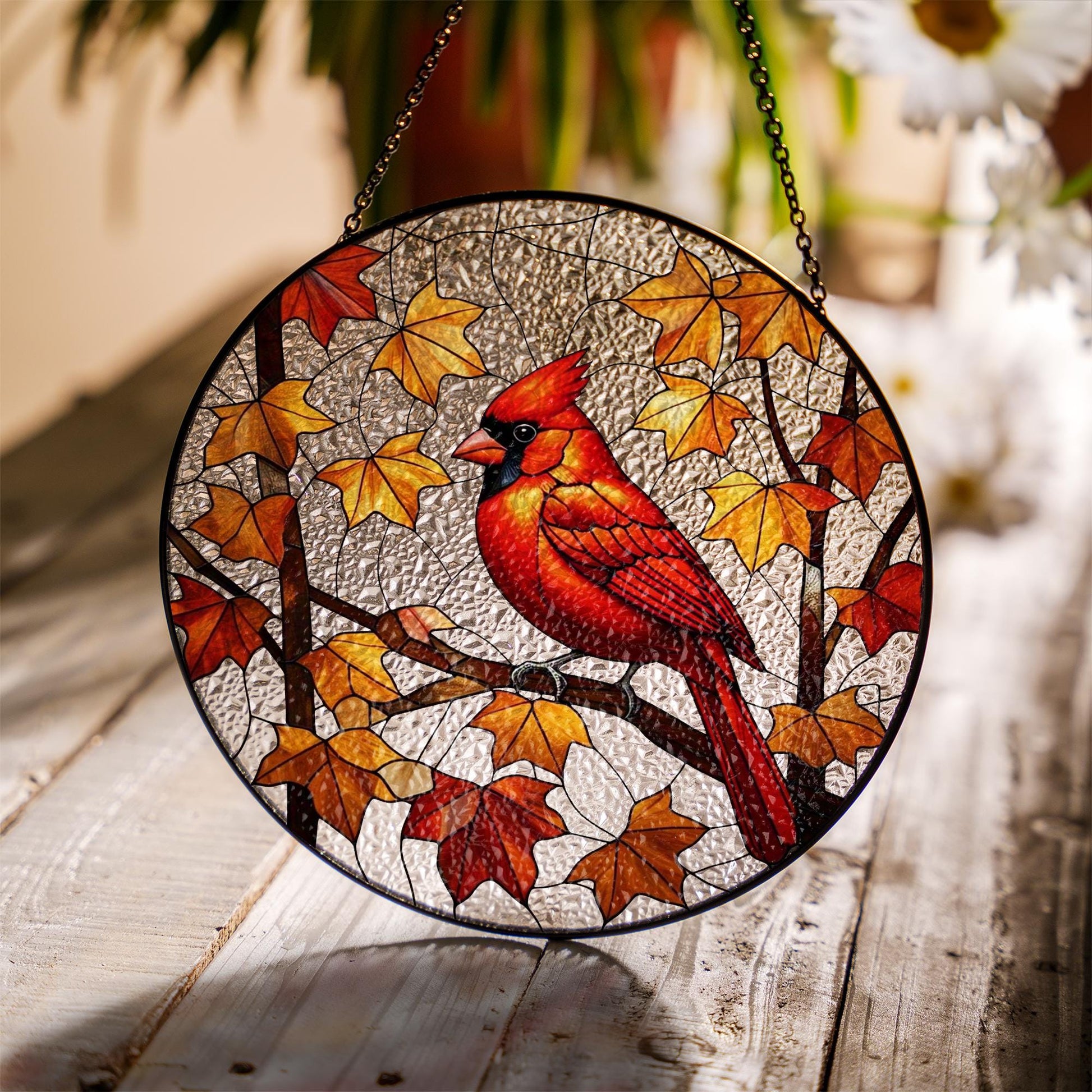 Cardinal Glass Suncatcher – Autumn Leaves Bird Window Hanging, Red Cardinal Memorial Gift or Nature Decor