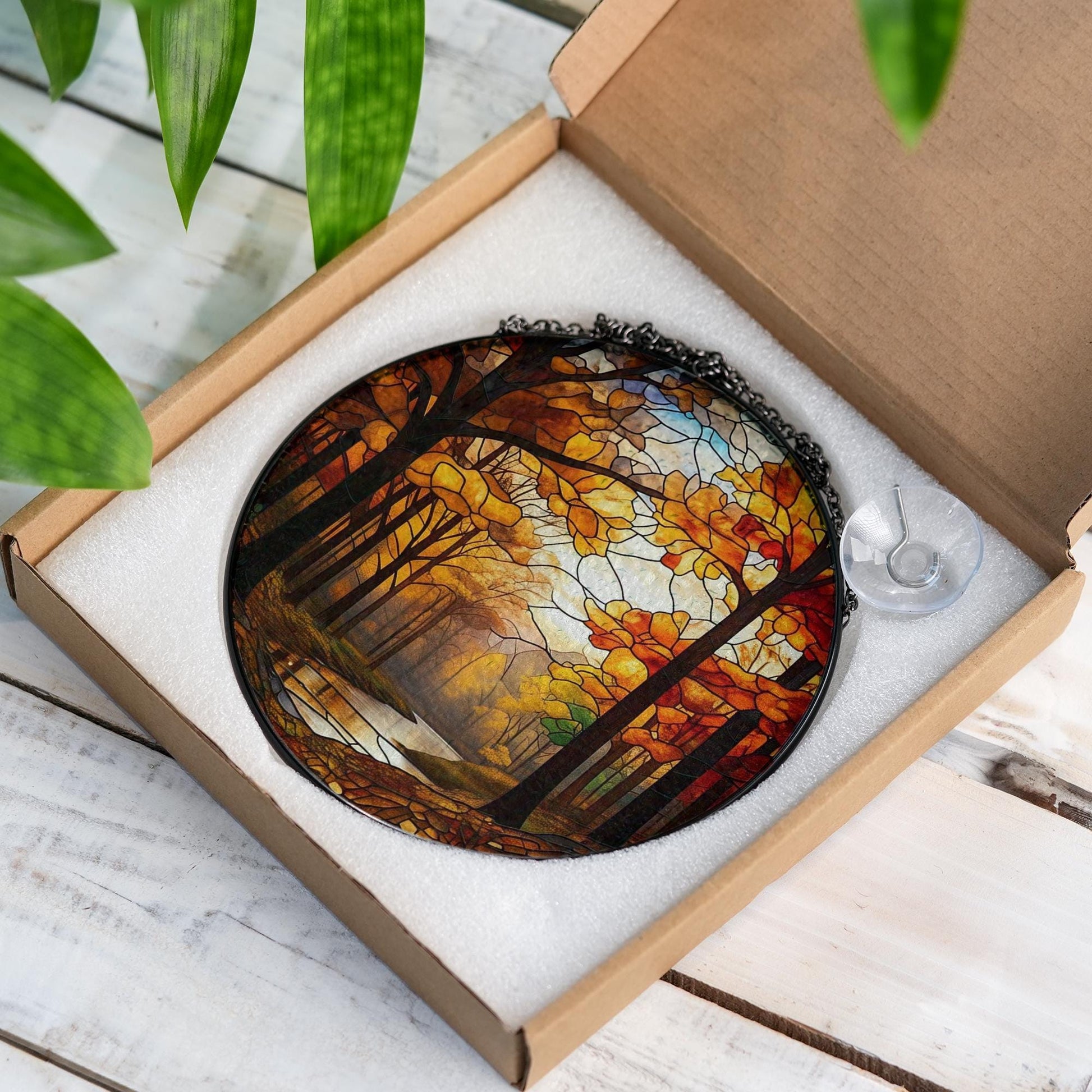 Autumn Forest Stained Glass Suncatcher – Fall Woods Window Hanging with Trees and River, Cozy Nature Home Decor