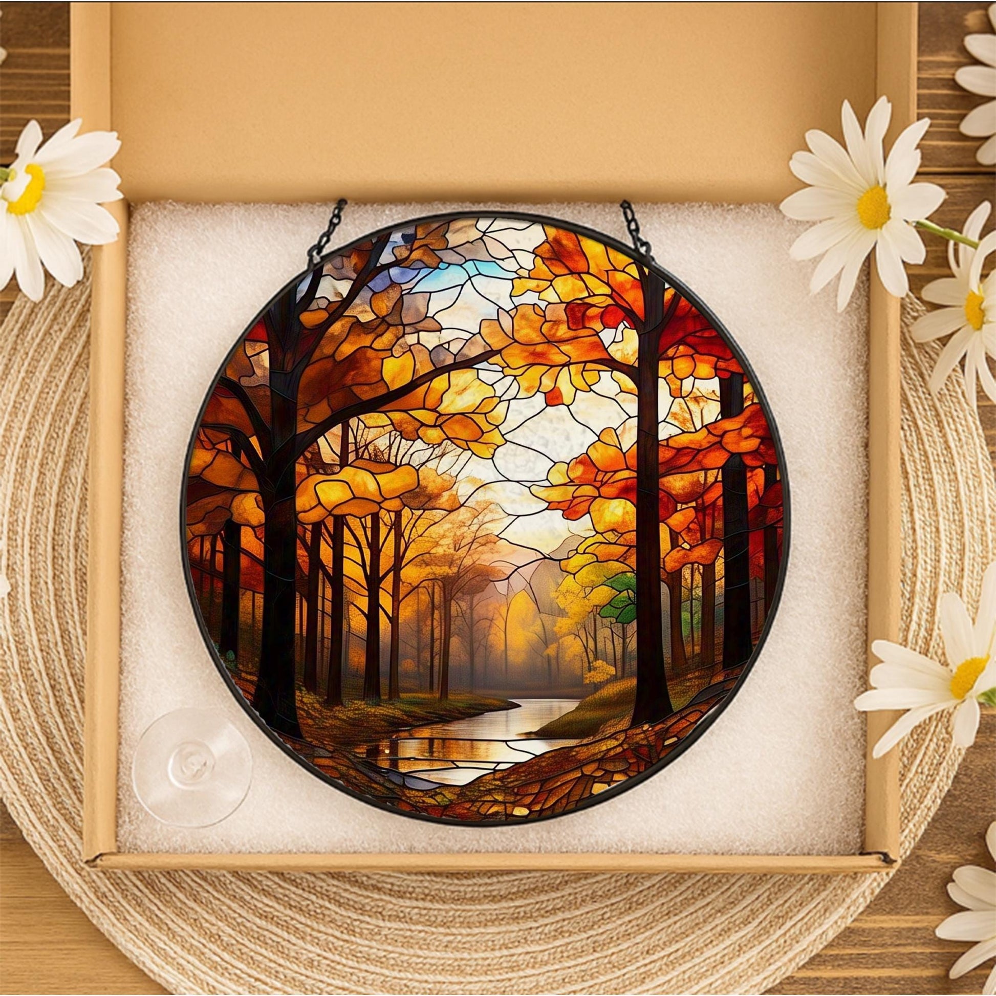 Autumn Forest Stained Glass Suncatcher – Fall Woods Window Hanging with Trees and River, Cozy Nature Home Decor