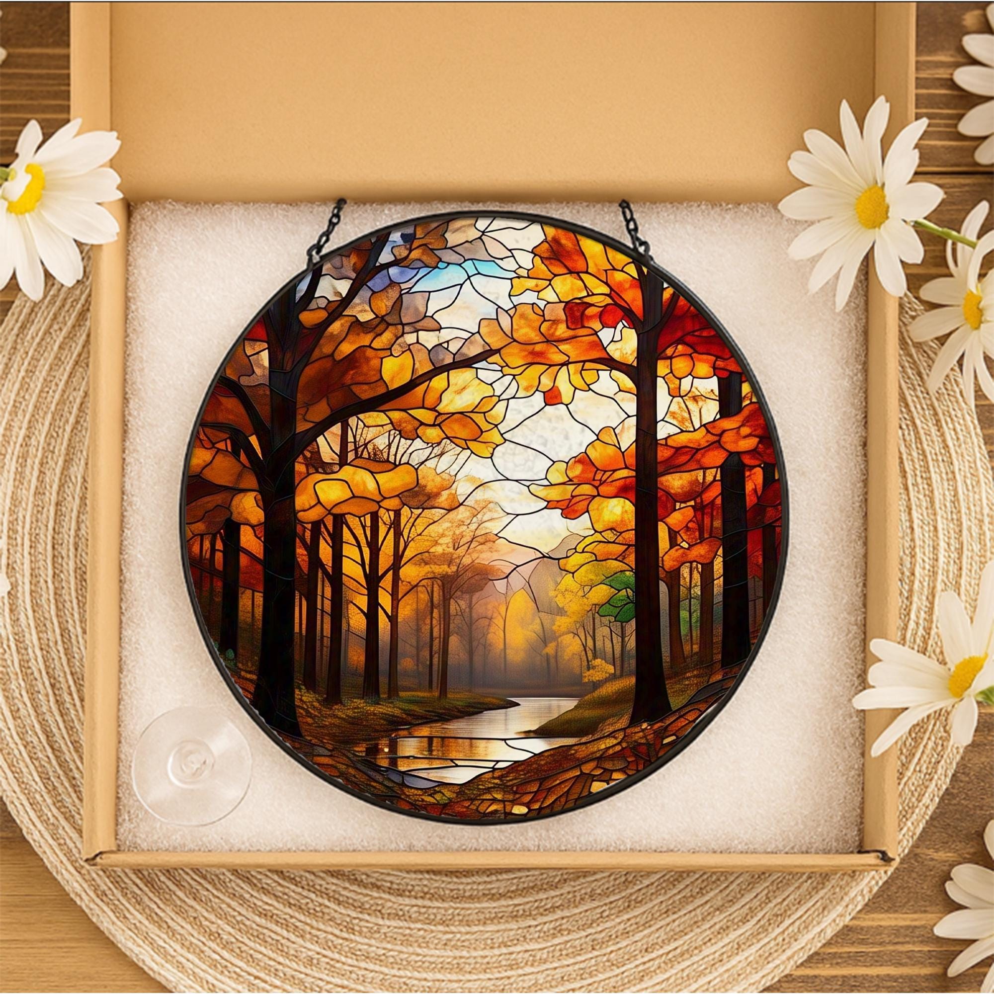 Autumn Forest Stained Glass Suncatcher – Fall Woods Window Hanging with Trees and River, Cozy Nature Home Decor