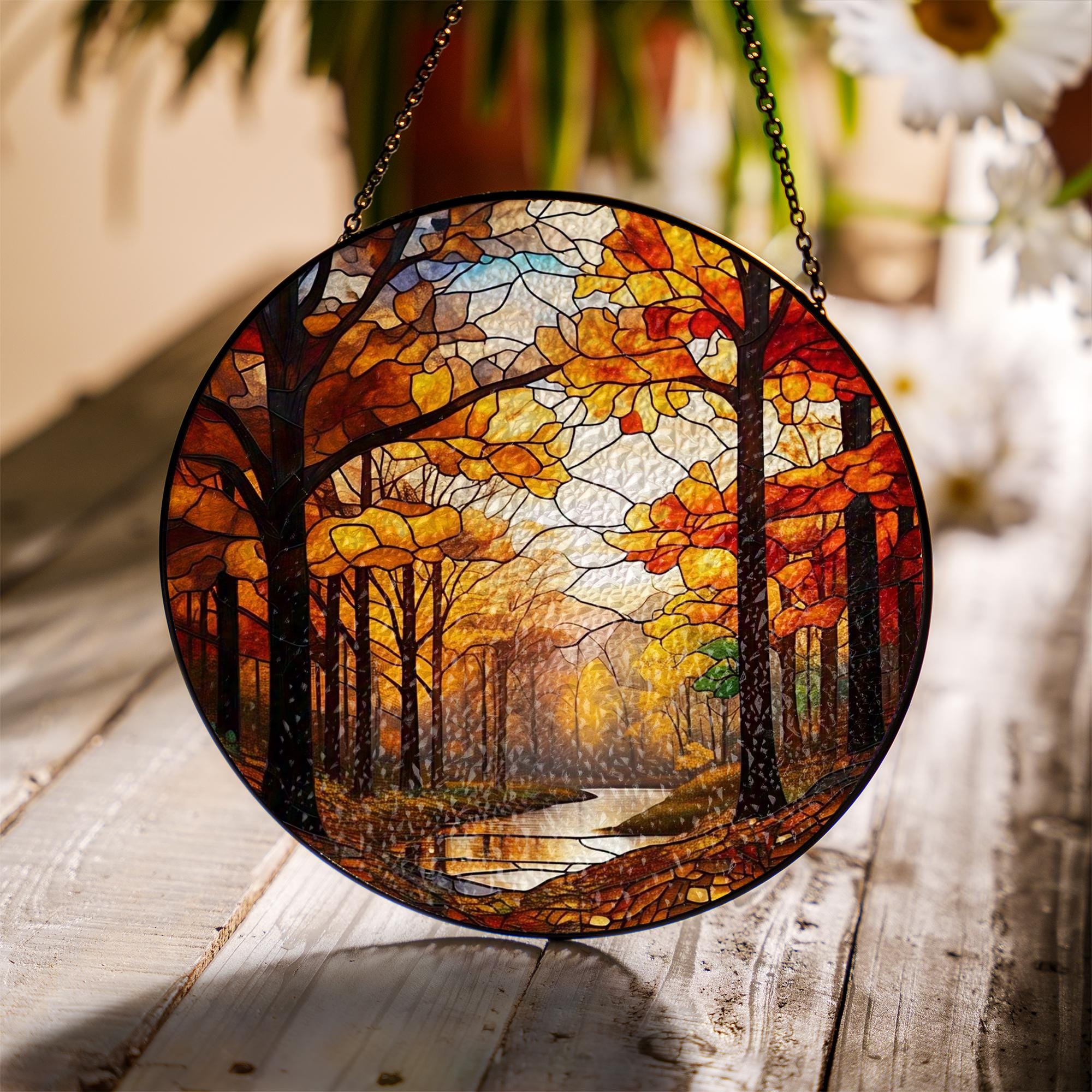 Autumn Forest Stained Glass Suncatcher – Fall Woods Window Hanging with Trees and River, Cozy Nature Home Decor
