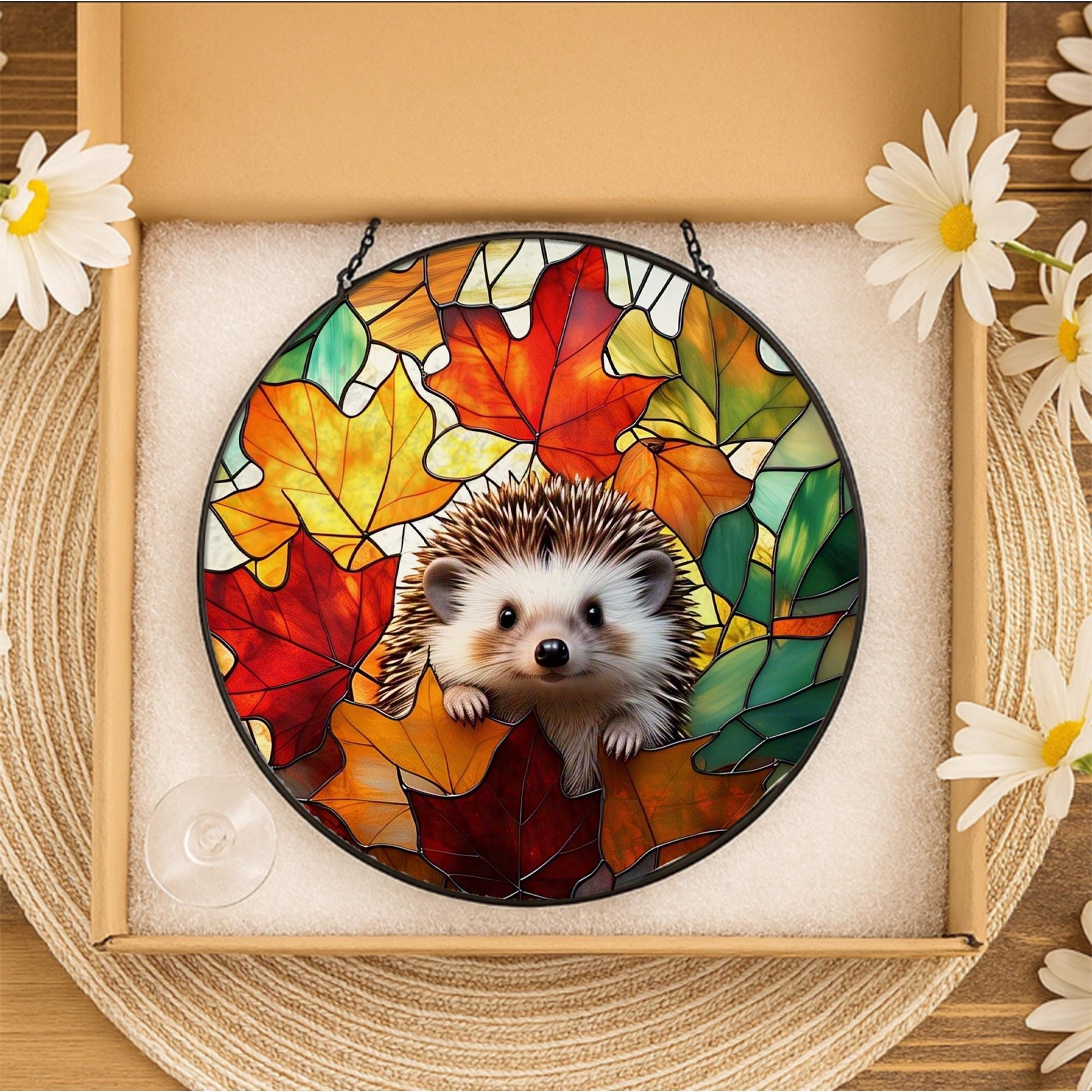 Hedgehog Stained Glass Suncatcher – Cute Autumn Leaves Animal Window Decor, Woodland Nature Gift for Fall Lovers