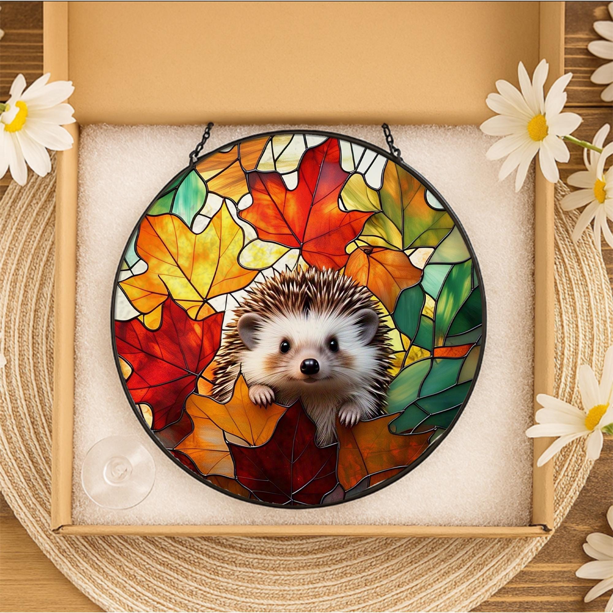 Hedgehog Stained Glass Suncatcher – Cute Autumn Leaves Animal Window Decor, Woodland Nature Gift for Fall Lovers