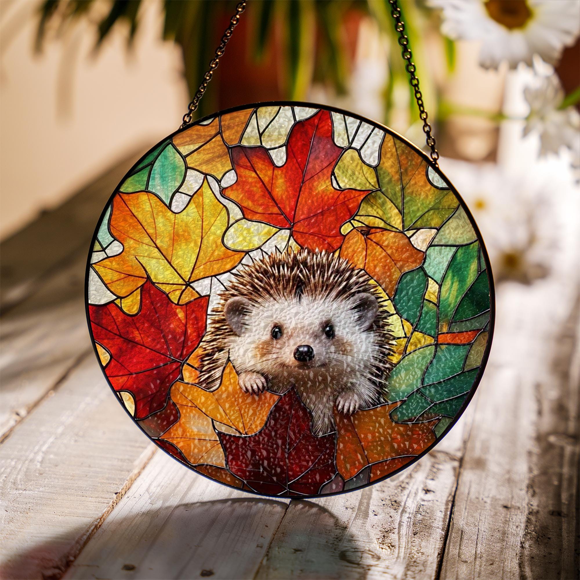 Hedgehog Stained Glass Suncatcher – Cute Autumn Leaves Animal Window Decor, Woodland Nature Gift for Fall Lovers