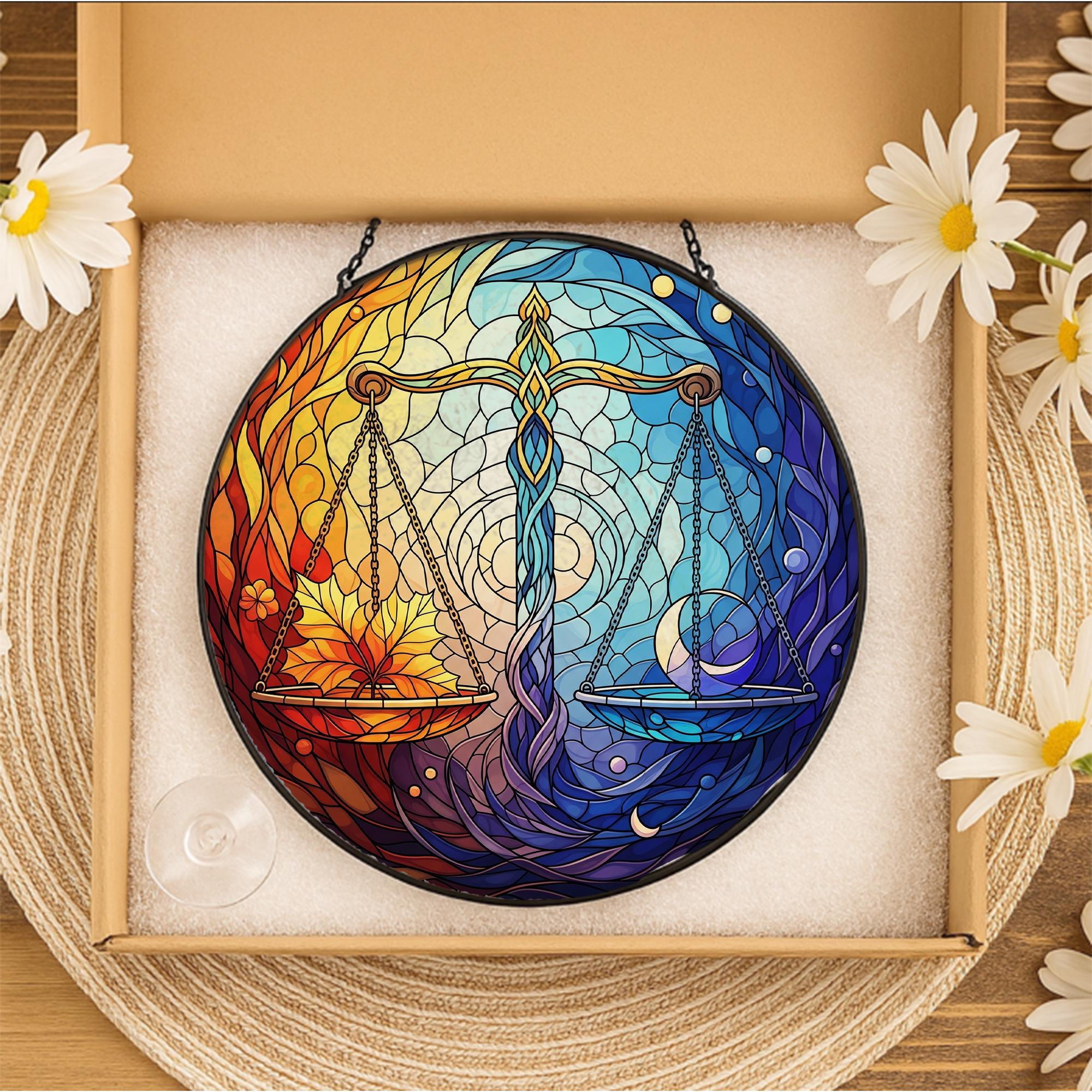 Libra Stained Glass Suncatcher – Zodiac Balance Window Hanging with Sun and Moon, Astrology Gift for Libra Sign