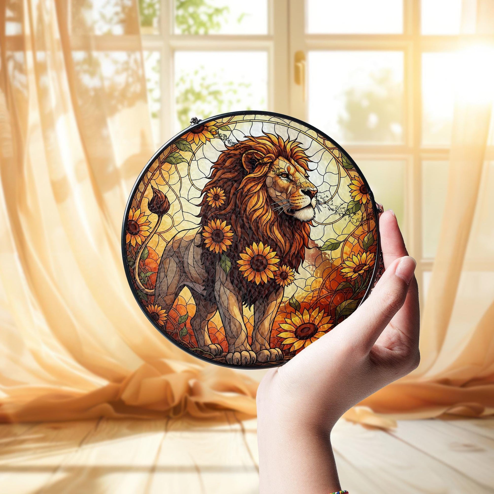 Leo Lion Glass Suncatcher – Sunflower Zodiac Window Hanging, Courageous Nature Decor, Astrology Gift