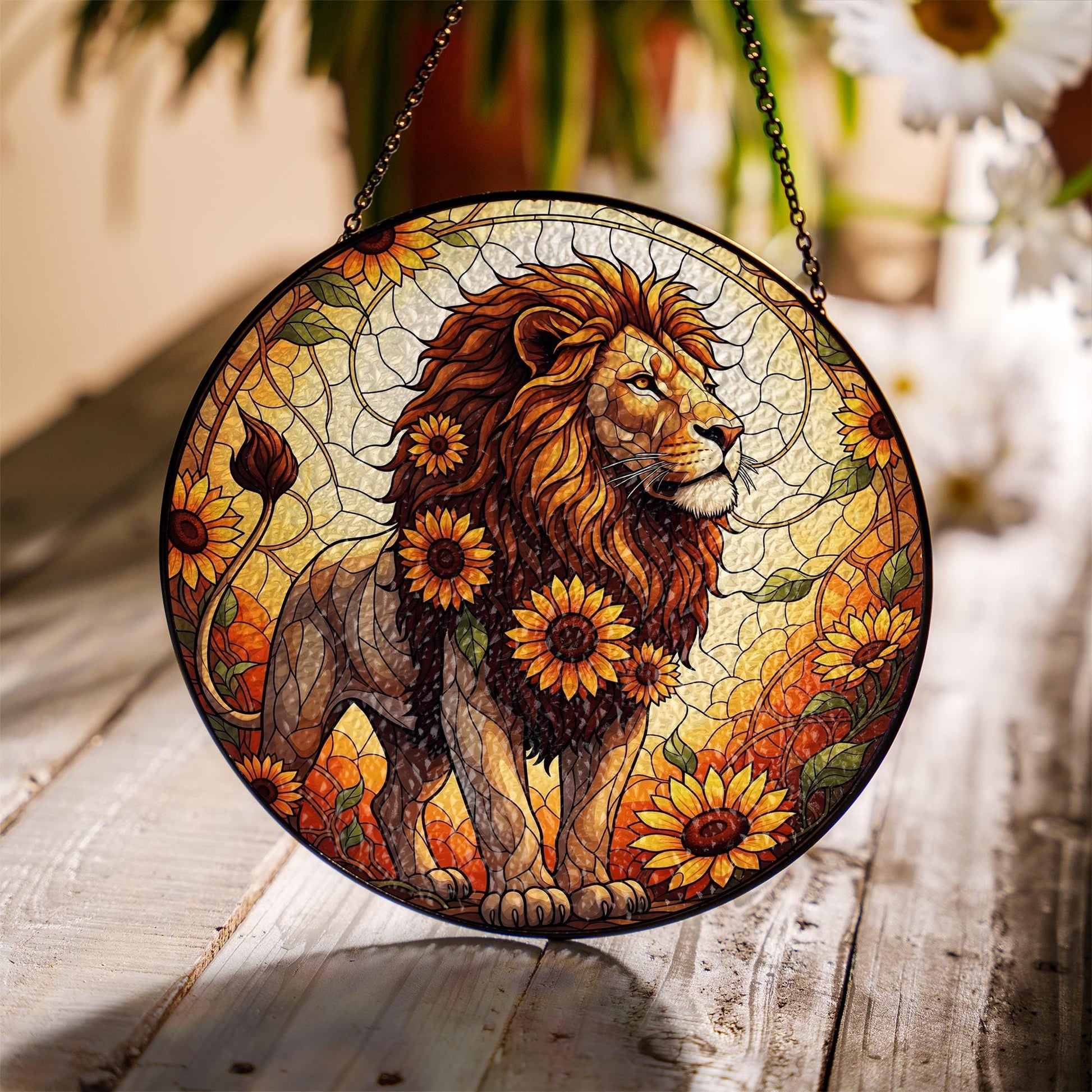 Leo Lion Glass Suncatcher – Sunflower Zodiac Window Hanging, Courageous Nature Decor, Astrology Gift