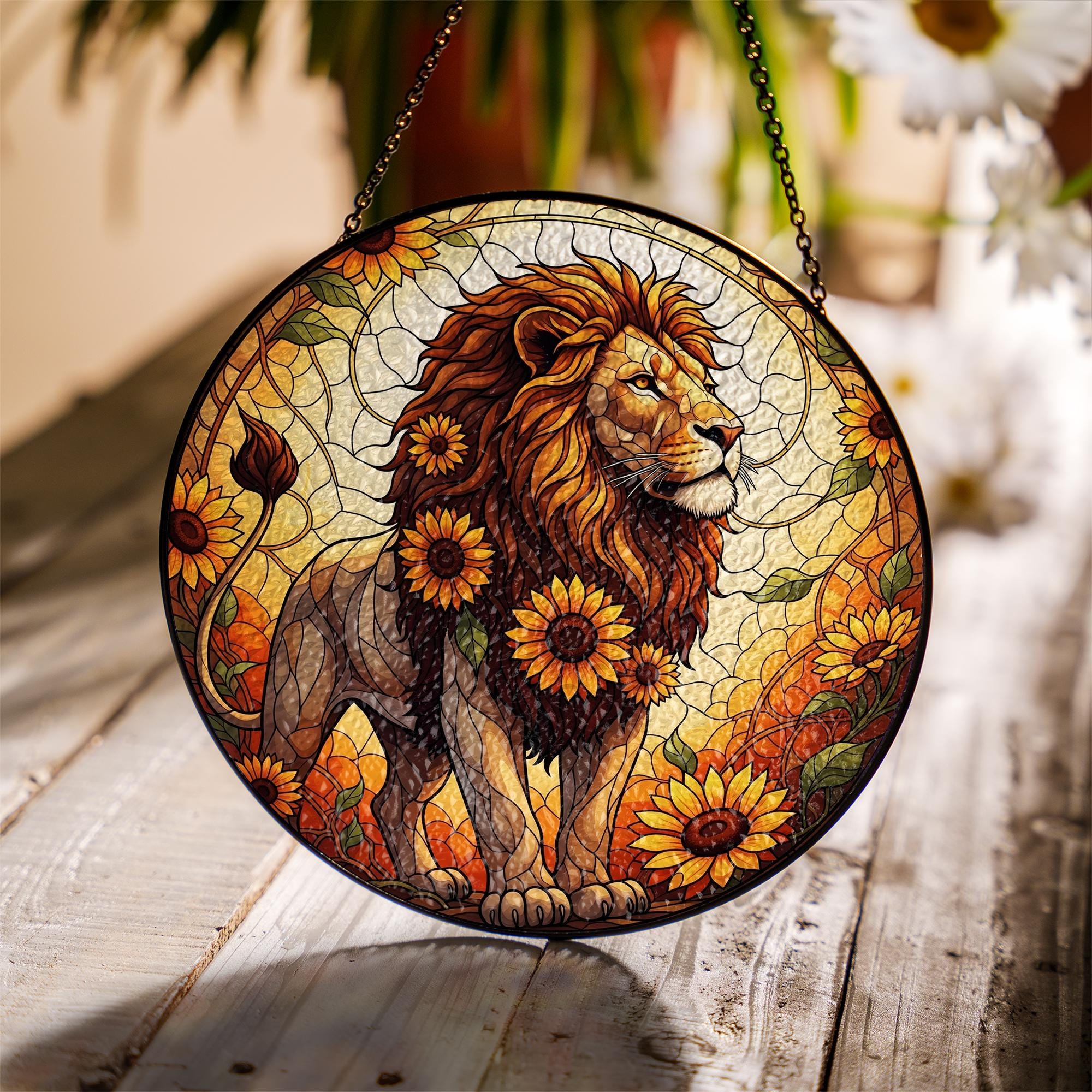 Leo Lion Glass Suncatcher – Sunflower Zodiac Window Hanging, Courageous Nature Decor, Astrology Gift