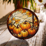 Pumpkin Patch Glass Suncatcher – Autumn Window Hanging with Fall Leaves, Harvest Farmhouse Decor Gift