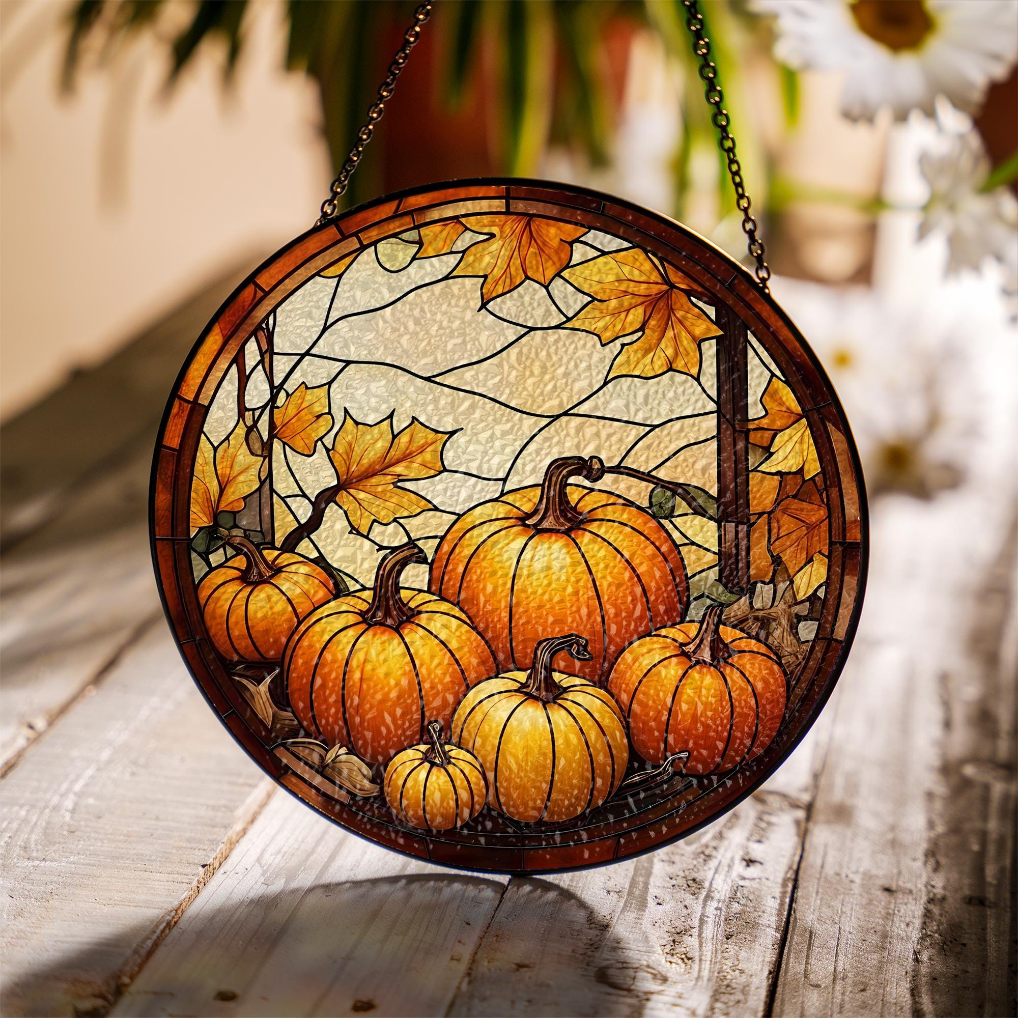Pumpkin Patch Glass Suncatcher – Autumn Window Hanging with Fall Leaves, Harvest Farmhouse Decor Gift
