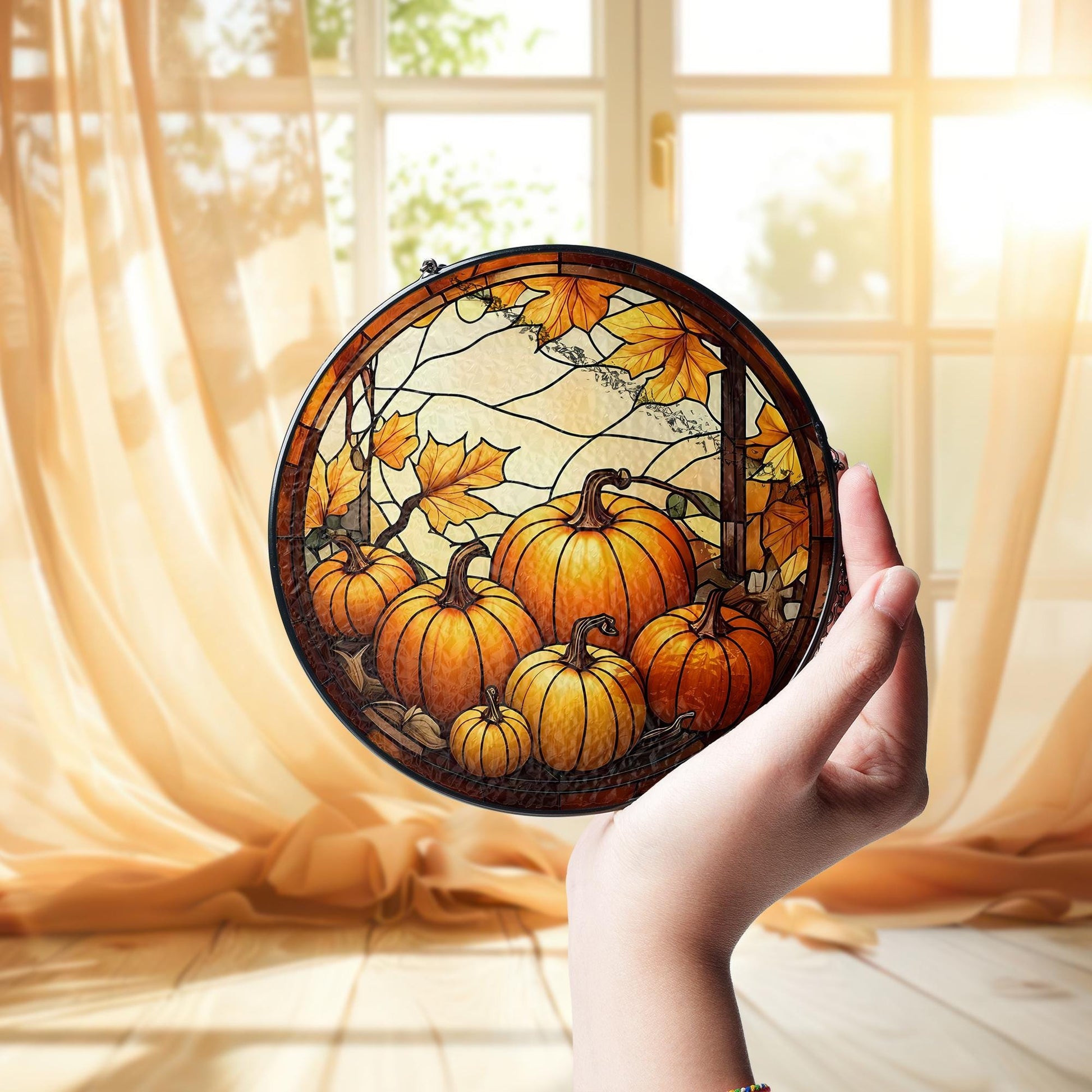 Pumpkin Patch Glass Suncatcher – Autumn Window Hanging with Fall Leaves, Harvest Farmhouse Decor Gift