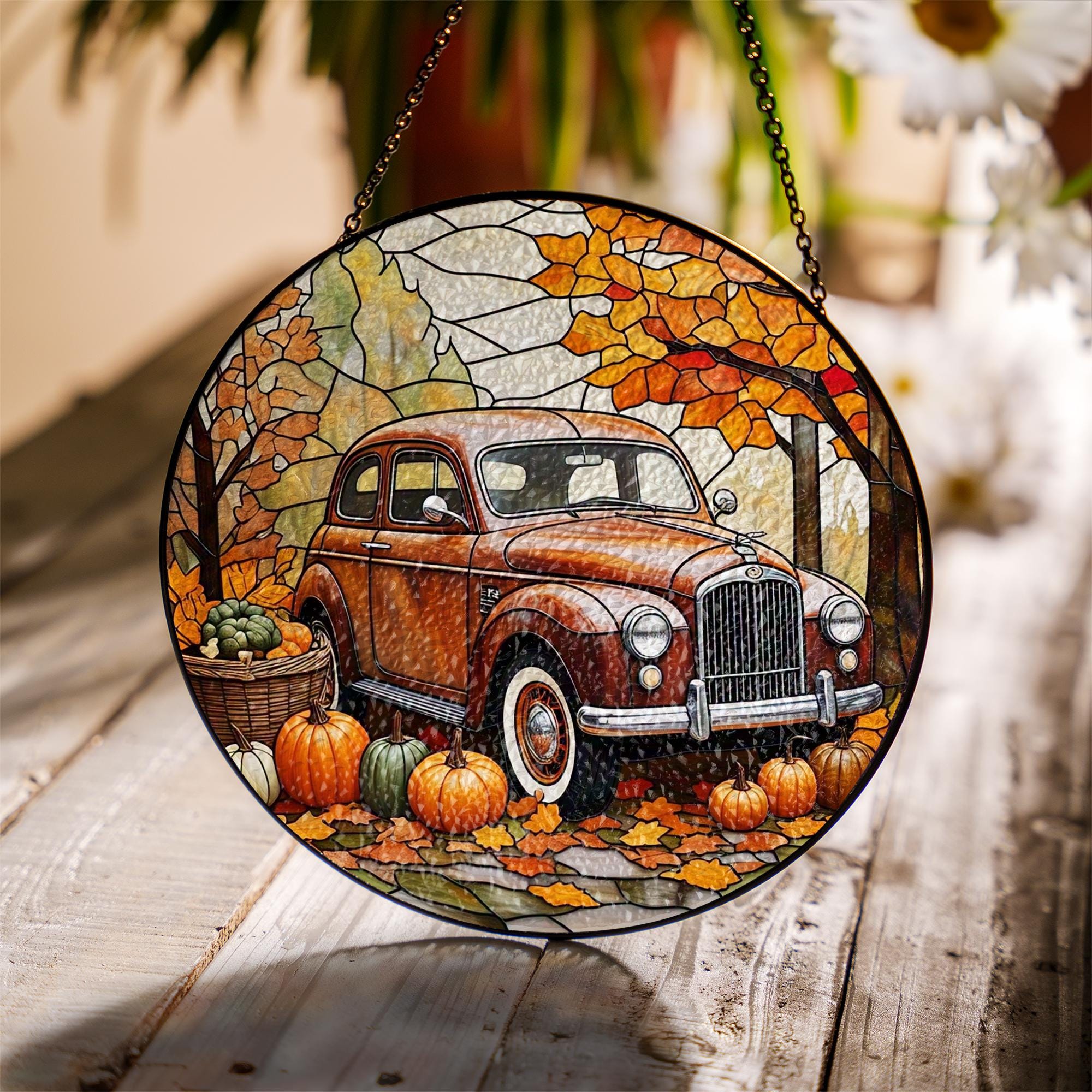 Vintage Truck Glass Suncatcher – Autumn Pumpkins & Fall Leaves Window Hanging, Rustic Farmhouse Decor Gift