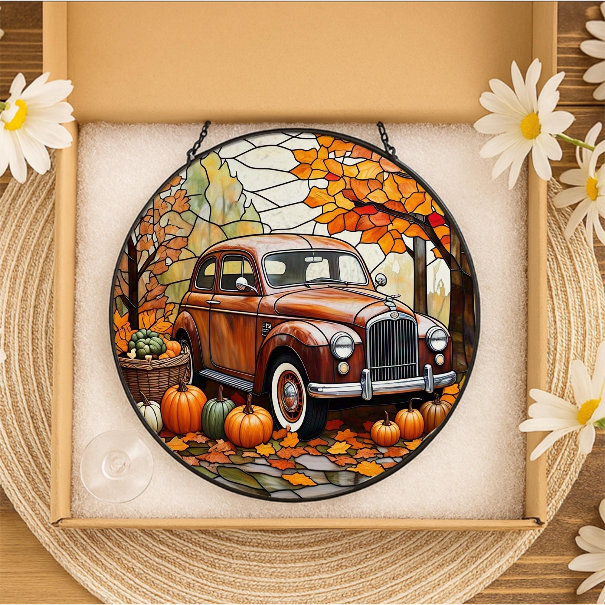 Vintage Truck Glass Suncatcher – Autumn Pumpkins & Fall Leaves Window Hanging, Rustic Farmhouse Decor Gift