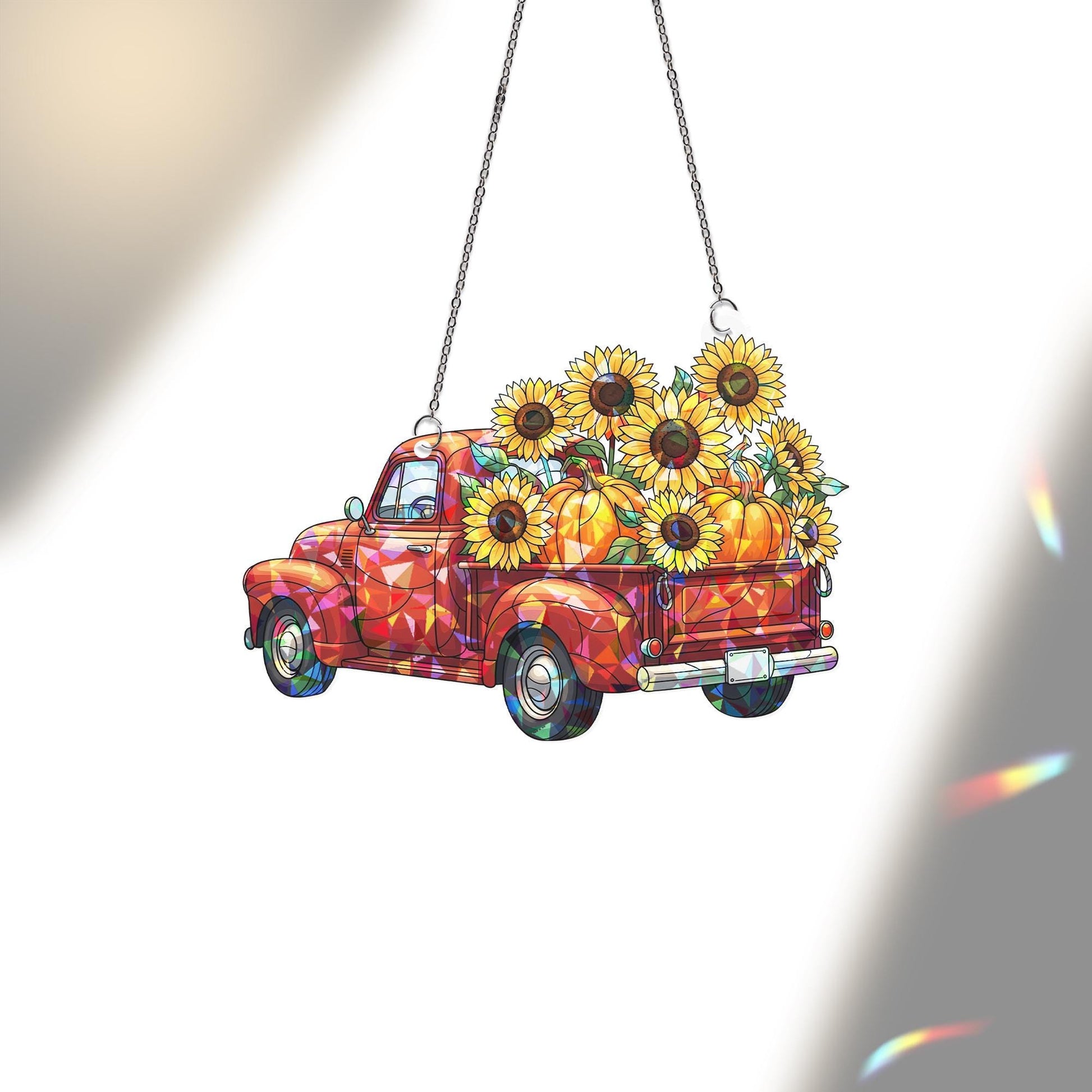 Red Truck Sunflower Holographic Window Hanging – Acrylic Fall Decor with Pumpkins, Country Farmhouse Sun Catcher Gift