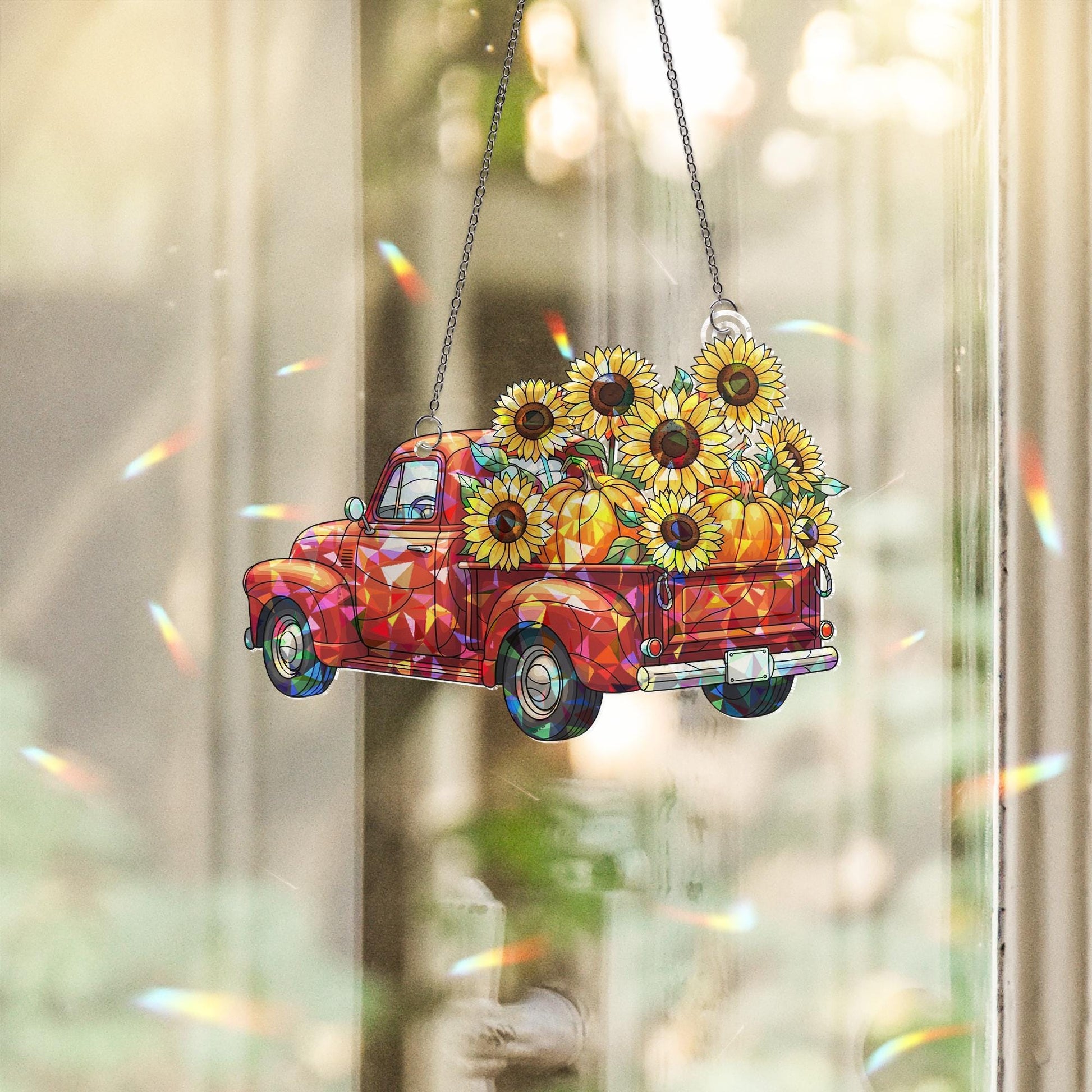Red Truck Sunflower Holographic Window Hanging – Acrylic Fall Decor with Pumpkins, Country Farmhouse Sun Catcher Gift