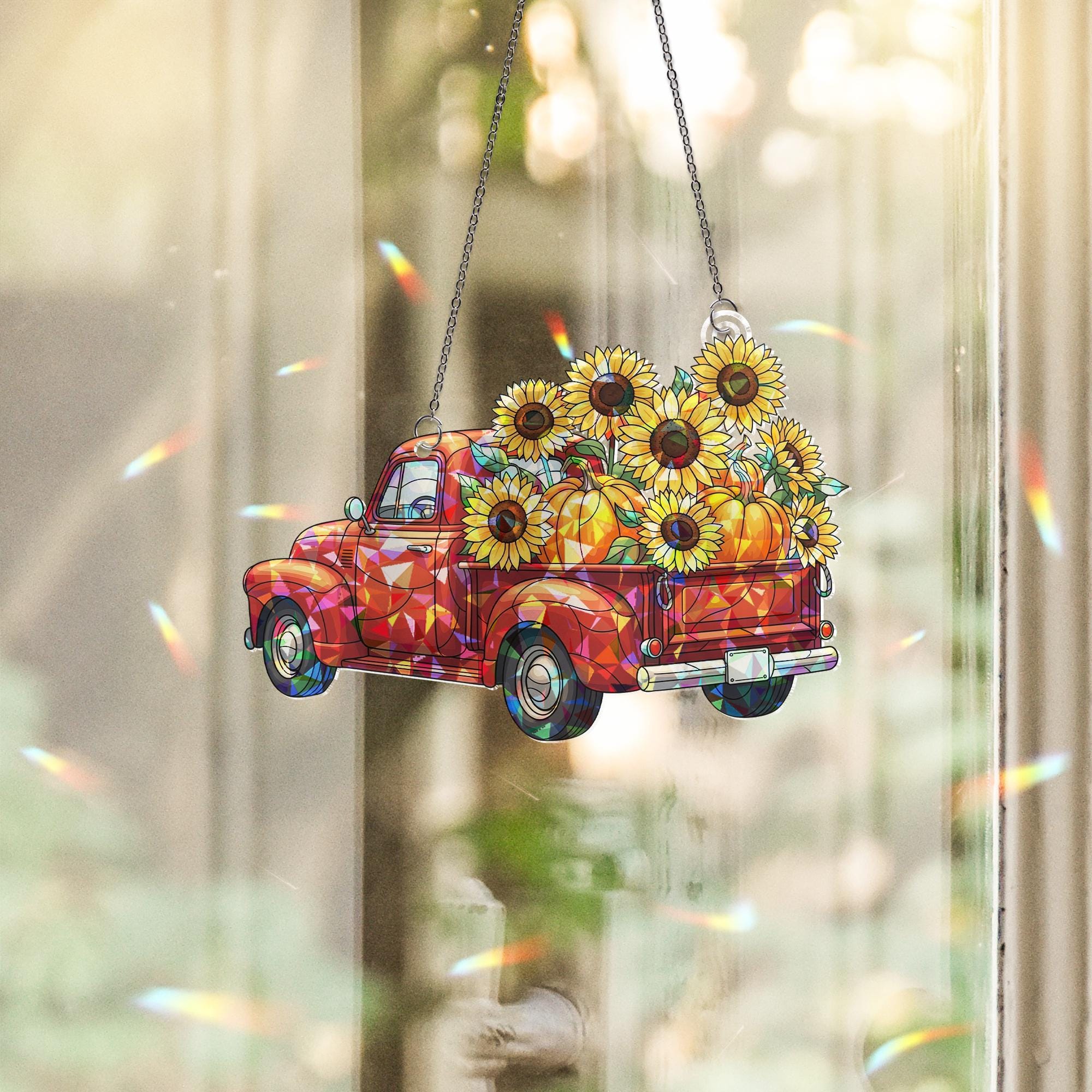 Red Truck Sunflower Holographic Window Hanging – Acrylic Fall Decor with Pumpkins, Country Farmhouse Sun Catcher Gift