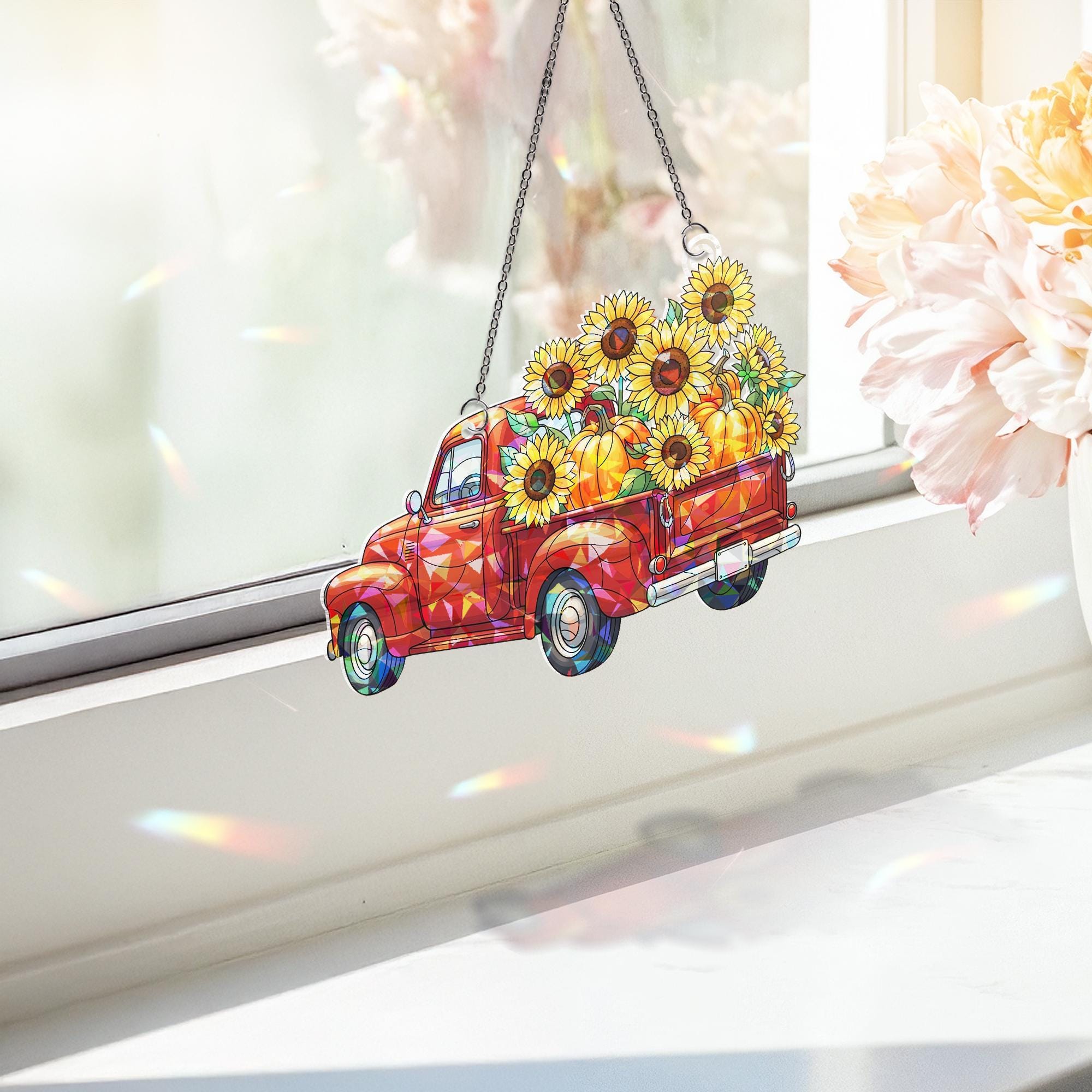 Red Truck Sunflower Holographic Window Hanging – Acrylic Fall Decor with Pumpkins, Country Farmhouse Sun Catcher Gift