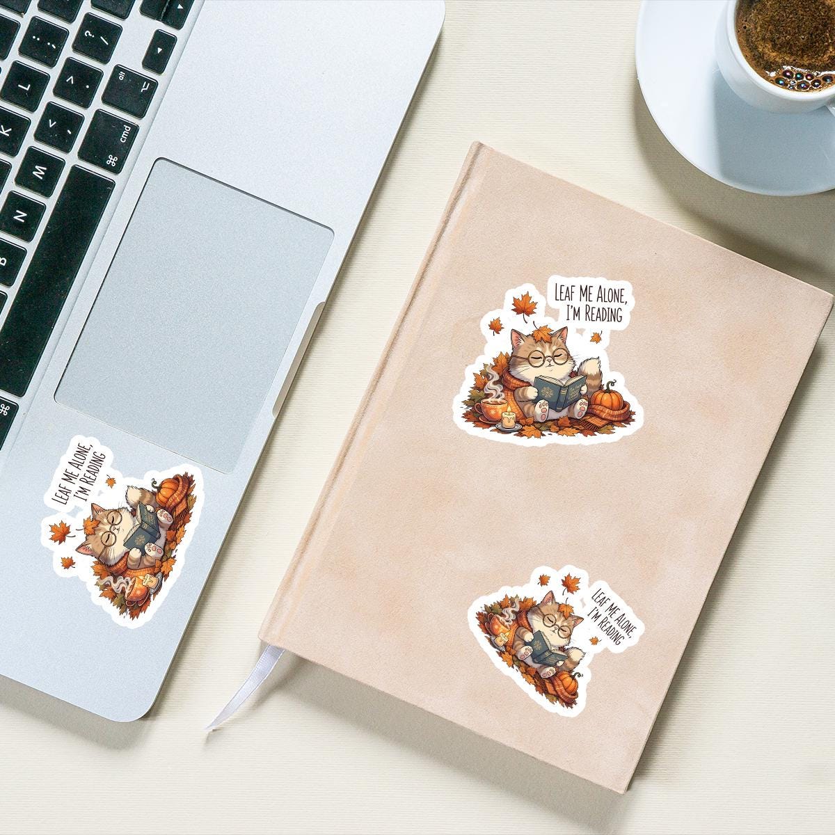 Fall Cat Reading Sticker – Cute Autumn Bookish Sticker with Quote, Cozy Vinyl Sticker for Book Lovers, Pumpkin Spice Cat Lover Gift