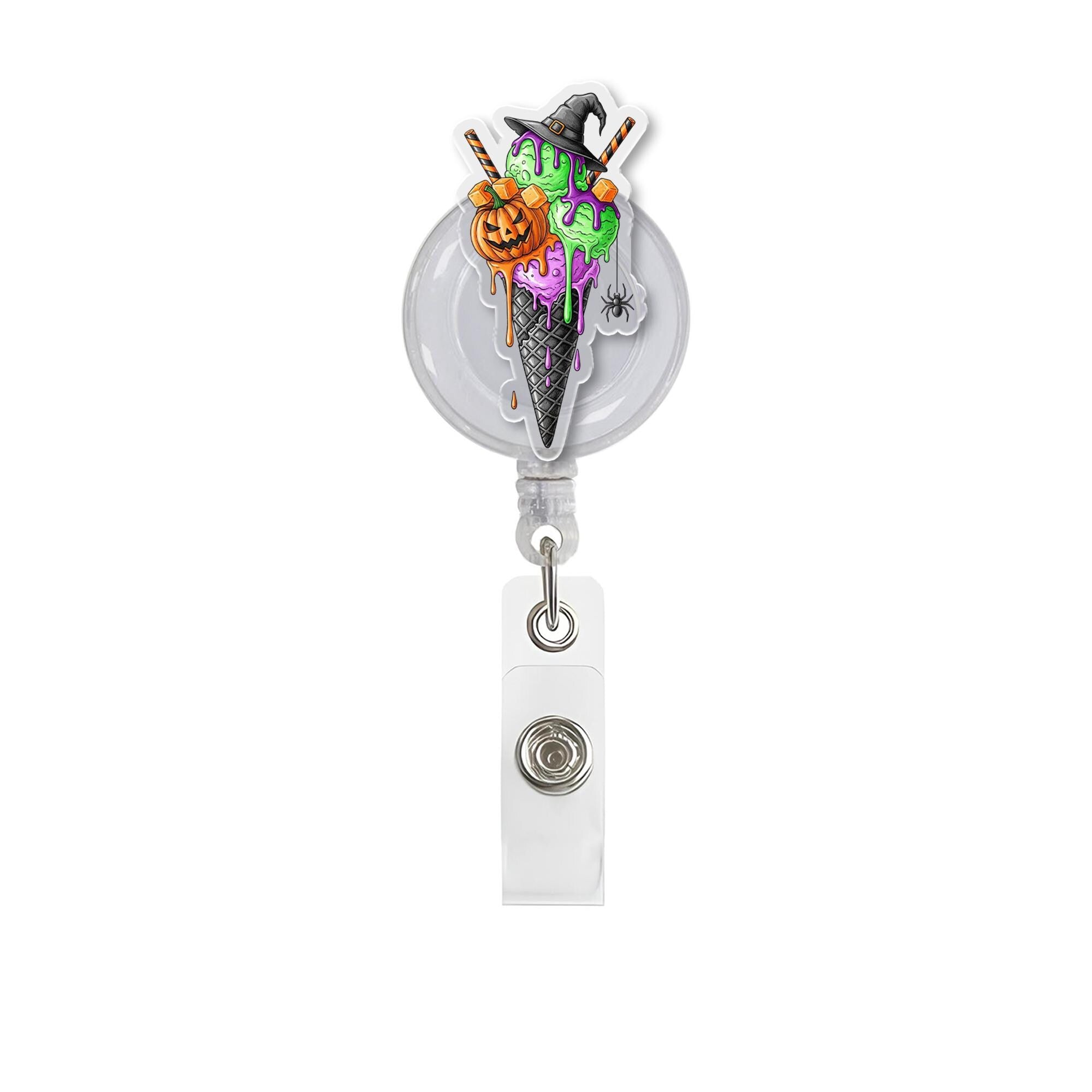 Halloween Badge Reel – Witch Ice Cream Cone ID Holder, Cute Spooky Retractable Clip, Nurse Teacher Fall Accessory