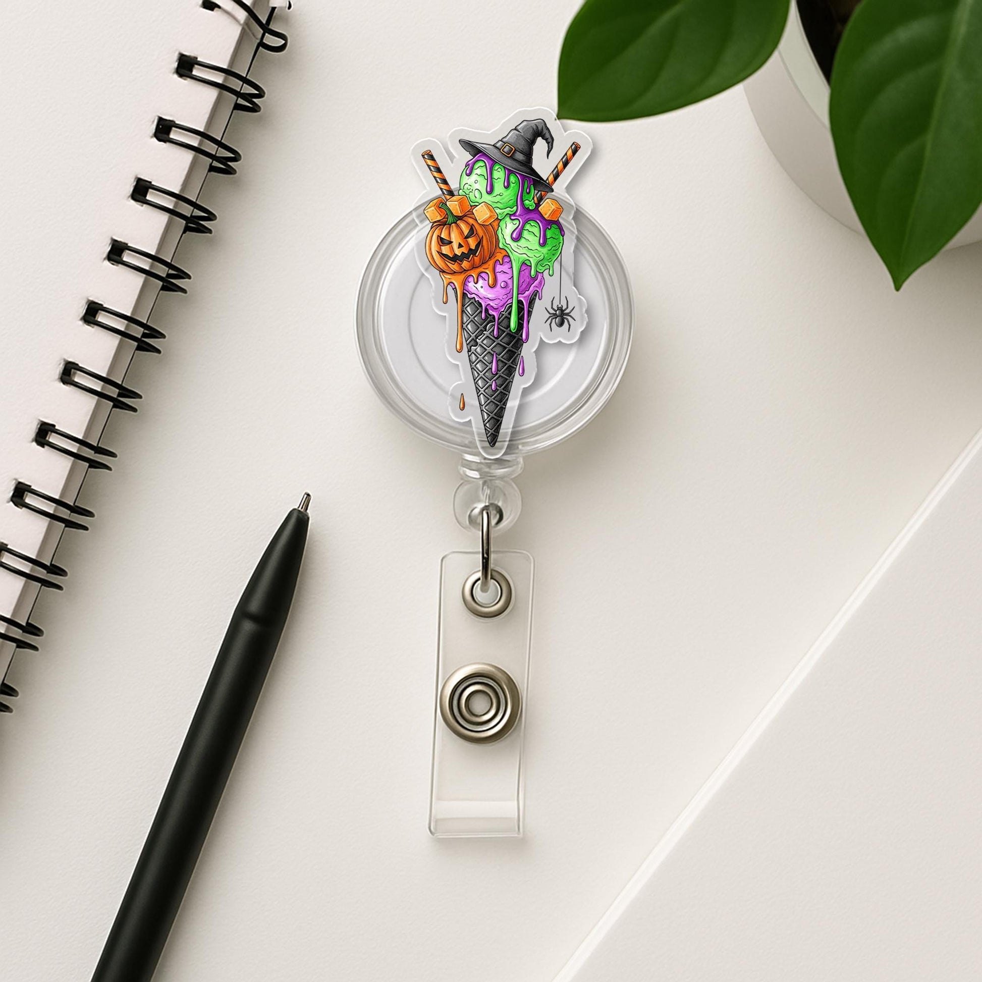 Halloween Badge Reel – Witch Ice Cream Cone ID Holder, Cute Spooky Retractable Clip, Nurse Teacher Fall Accessory