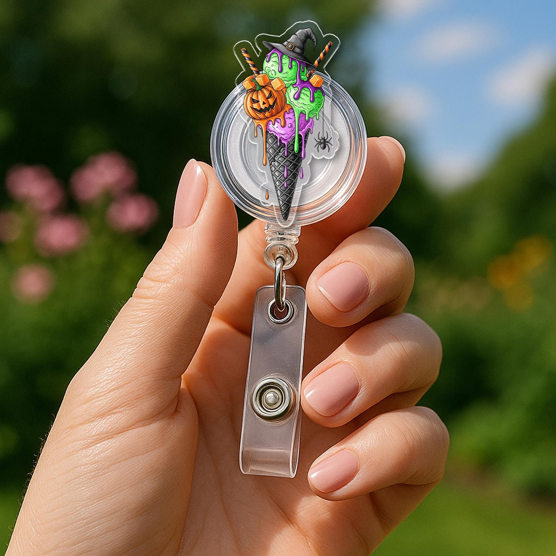 Halloween Badge Reel – Witch Ice Cream Cone ID Holder, Cute Spooky Retractable Clip, Nurse Teacher Fall Accessory