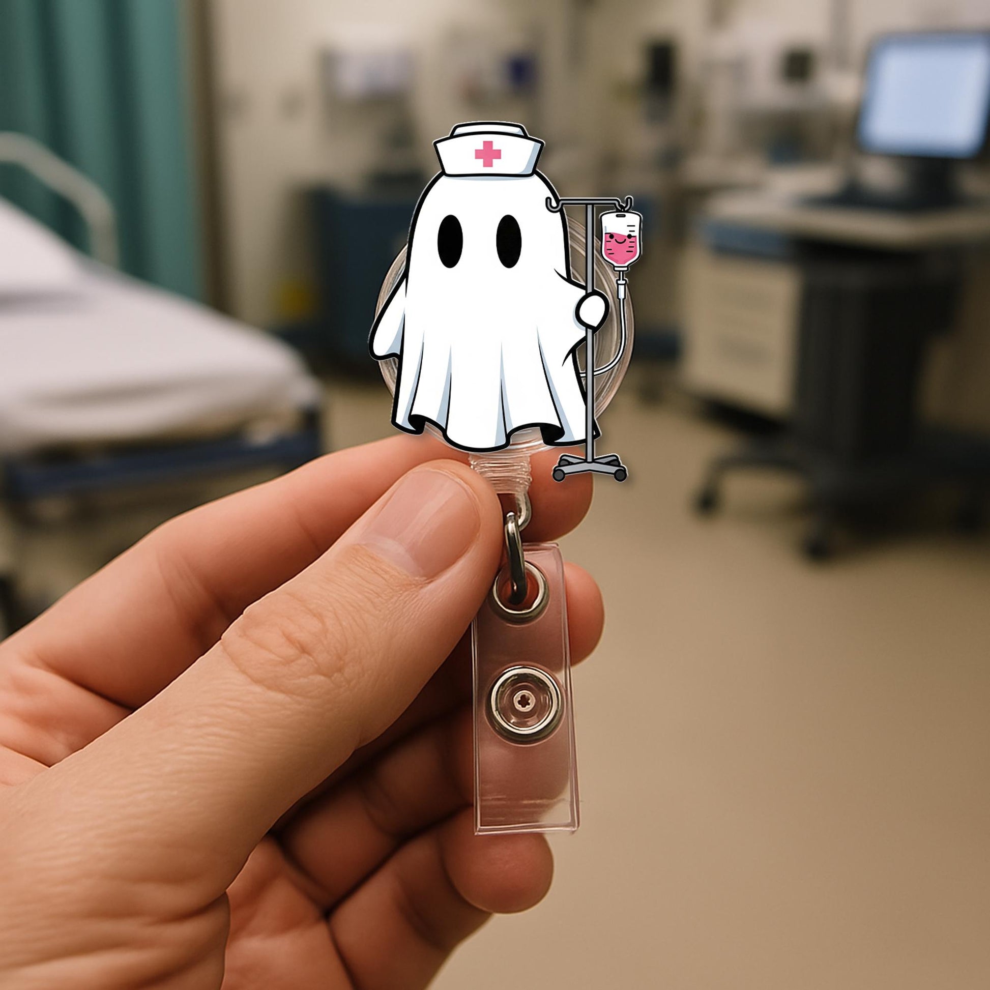 Ghost Nurse Badge Reel – Cute Halloween ID Holder for Nurses, Spooky Retractable Clip, Funny RN Badge Accessory