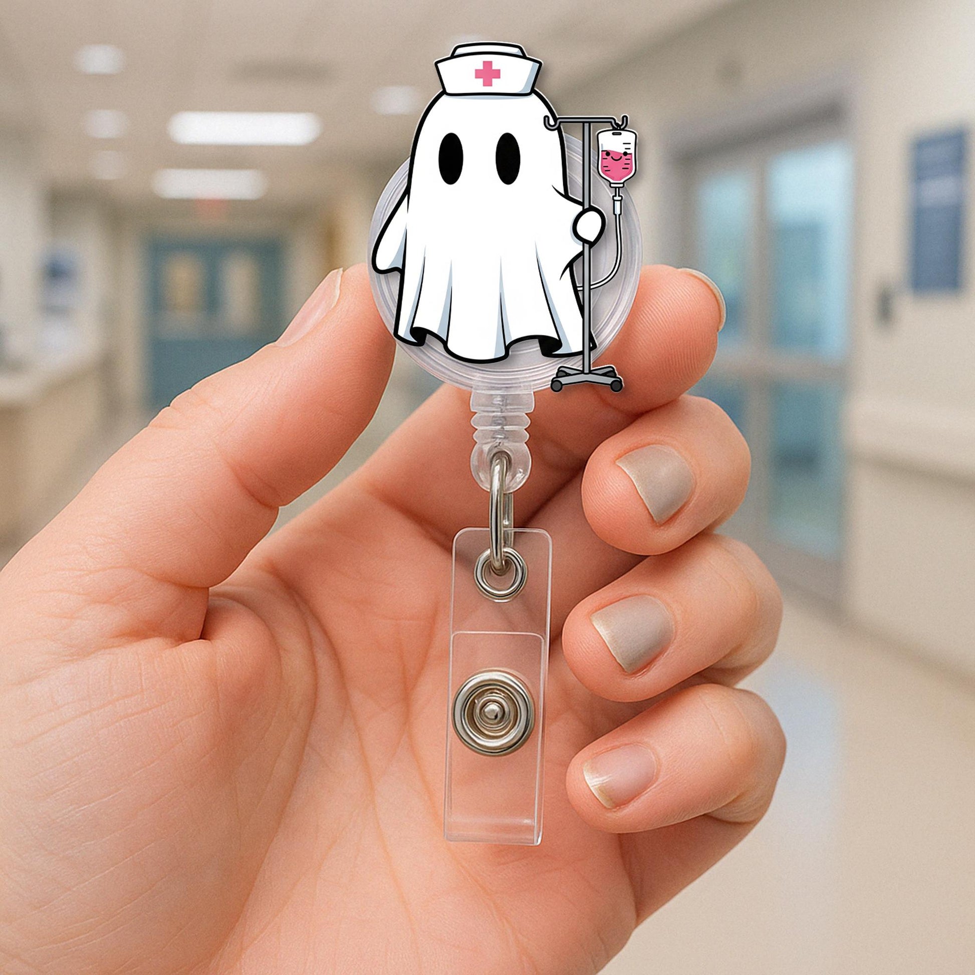 Ghost Nurse Badge Reel – Cute Halloween ID Holder for Nurses, Spooky Retractable Clip, Funny RN Badge Accessory