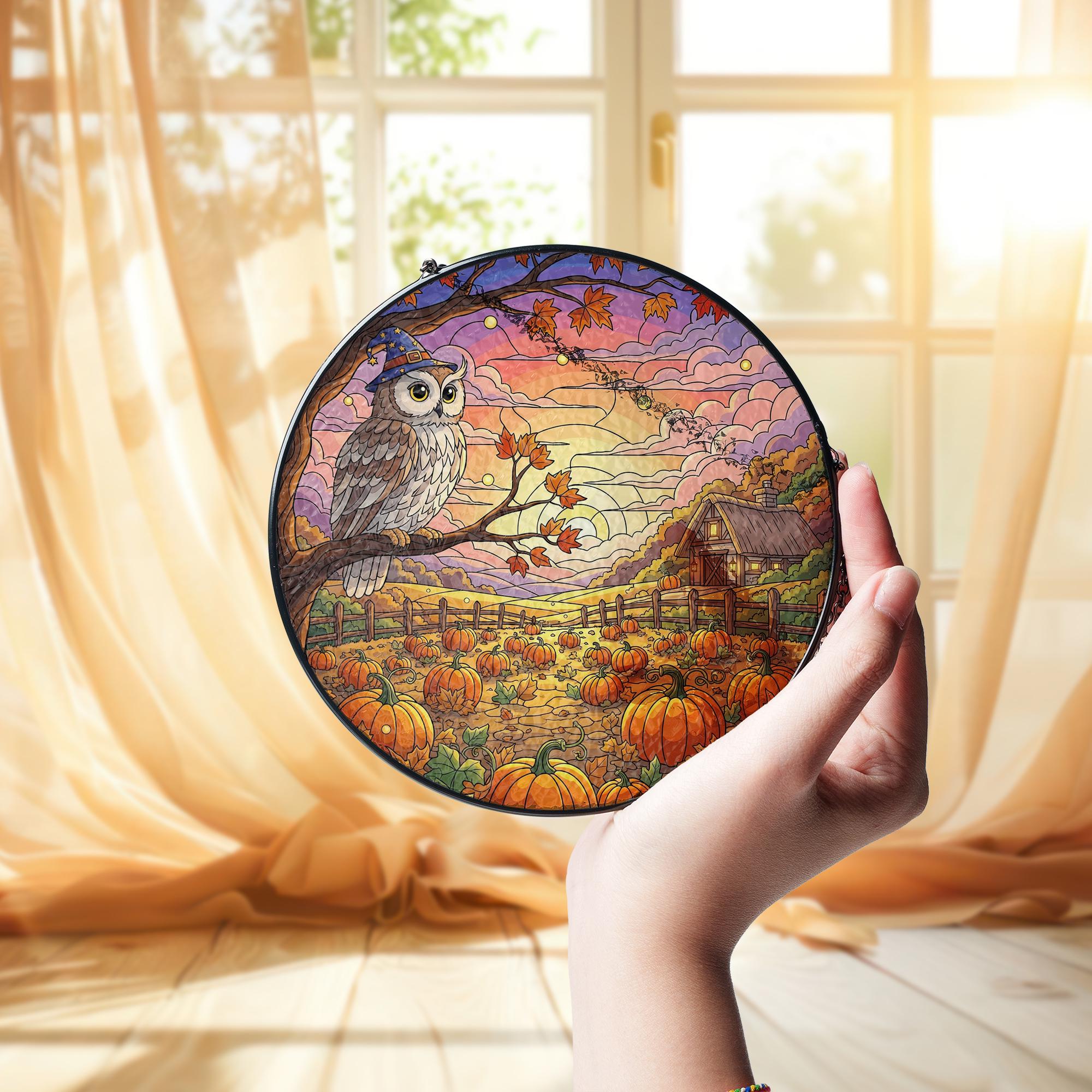 Autumn Owl Pumpkin Stained Glass Sun Catcher Fall Farm Window Decor Gift