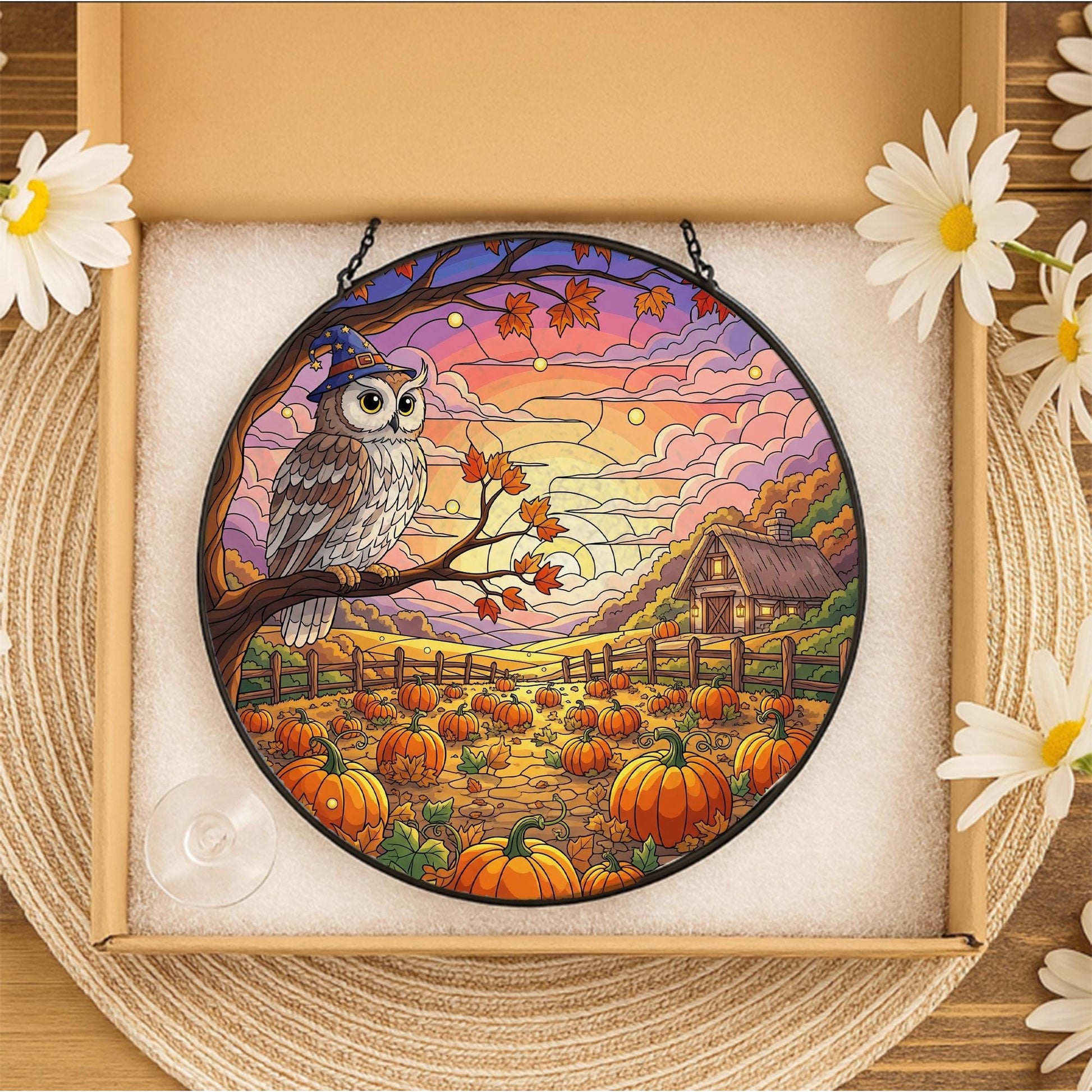 Autumn Owl Pumpkin Stained Glass Sun Catcher Fall Farm Window Decor Gift