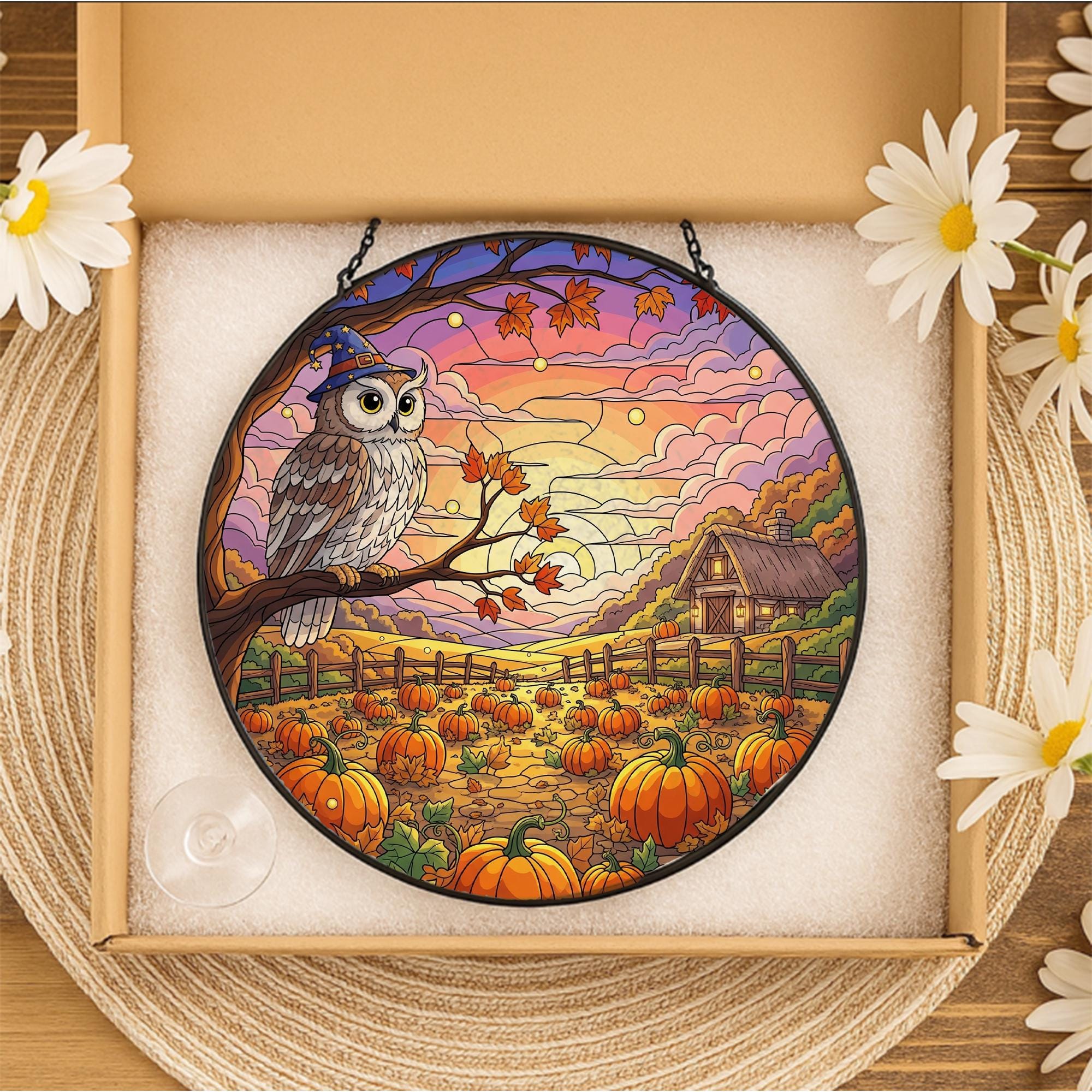 Autumn Owl Pumpkin Stained Glass Sun Catcher Fall Farm Window Decor Gift