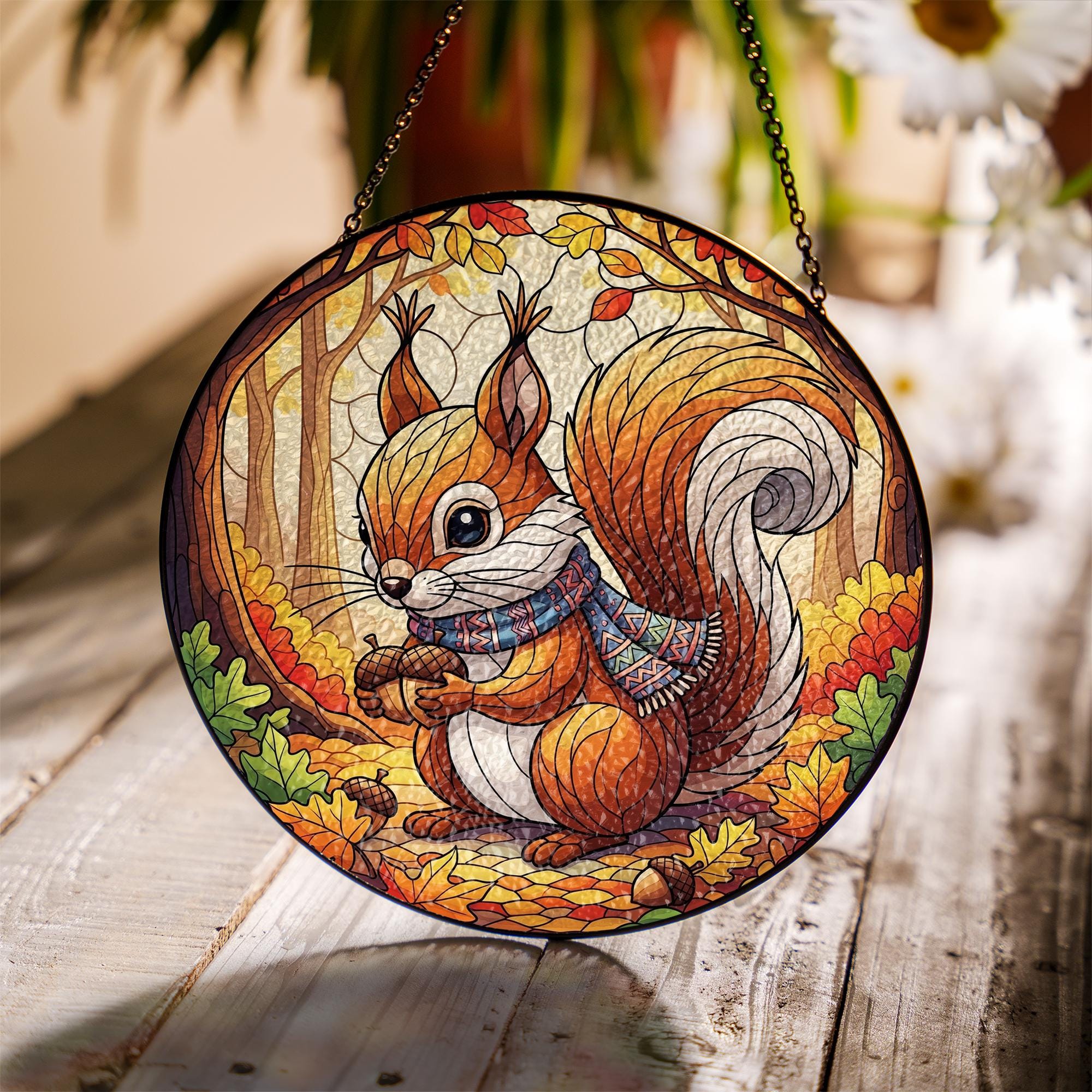 Autumn Squirrel Stained Glass Sun Catcher Fall Forest Acorn Window Decor Gift