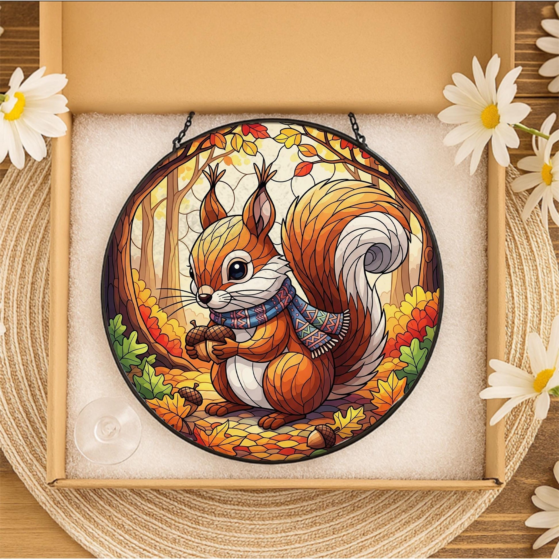 Autumn Squirrel Stained Glass Sun Catcher Fall Forest Acorn Window Decor Gift