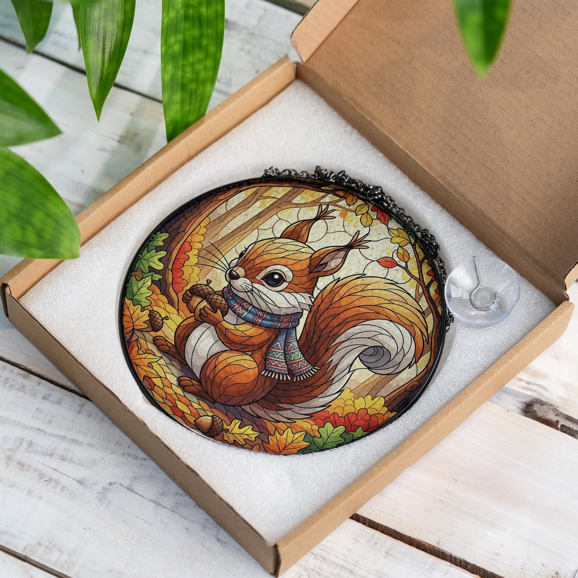 Autumn Squirrel Stained Glass Sun Catcher Fall Forest Acorn Window Decor Gift