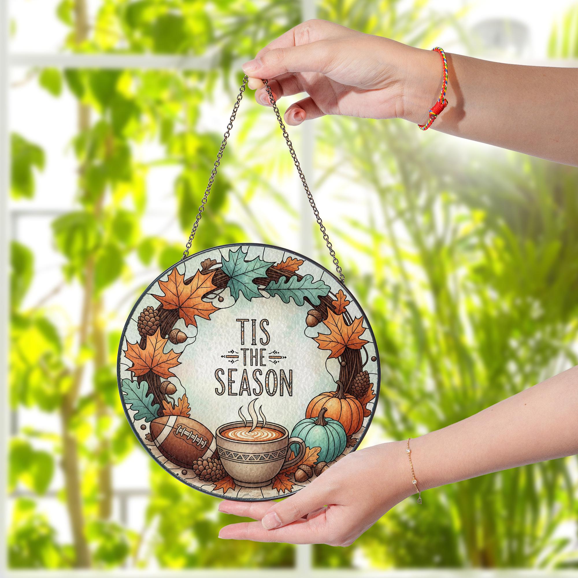Tis The Season Glass Suncatcher | Fall Coffee Pumpkin Window Decor | Autumn Wreath Sun Catcher | Cozy Seasonal Glass Hanging Gift