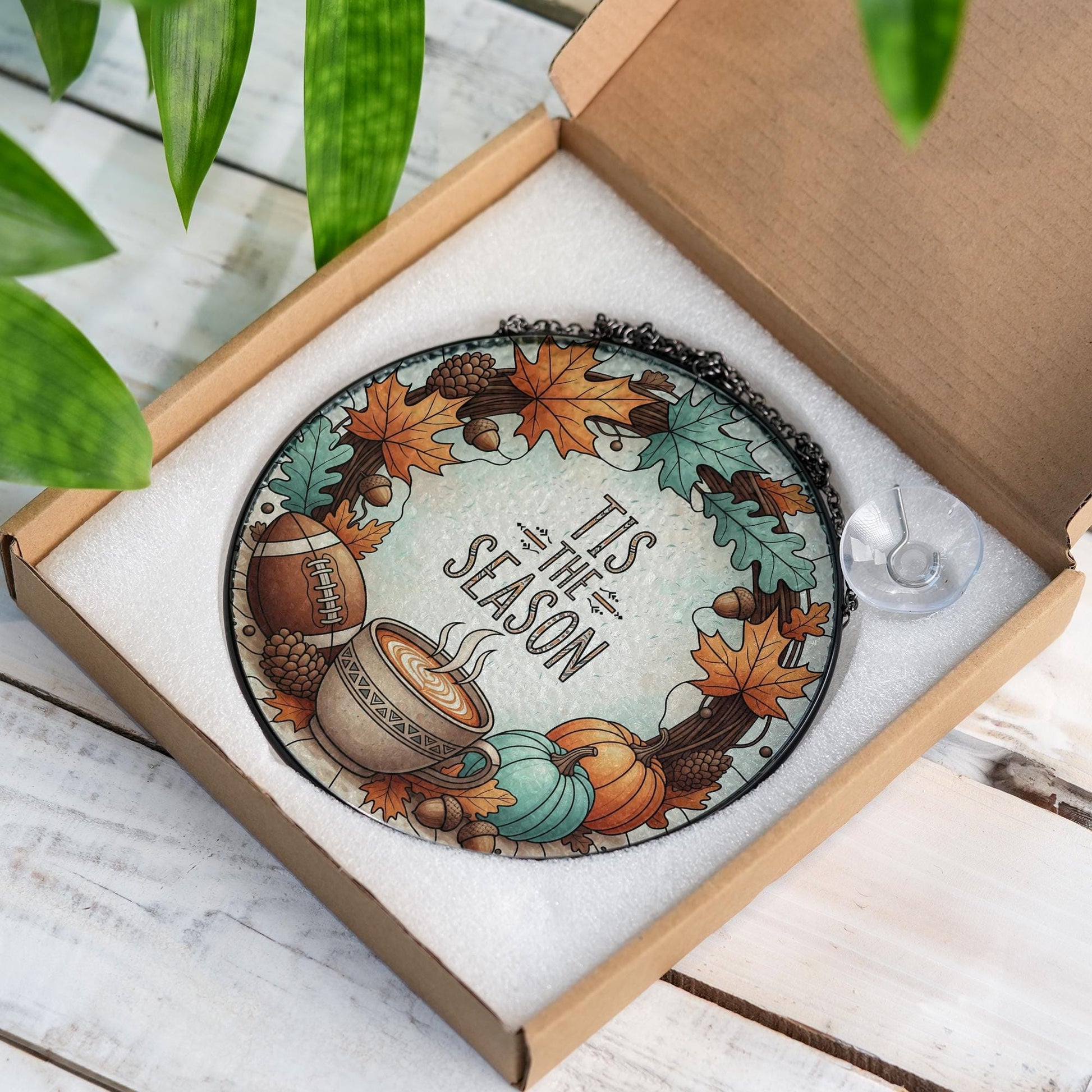 Tis The Season Glass Suncatcher | Fall Coffee Pumpkin Window Decor | Autumn Wreath Sun Catcher | Cozy Seasonal Glass Hanging Gift