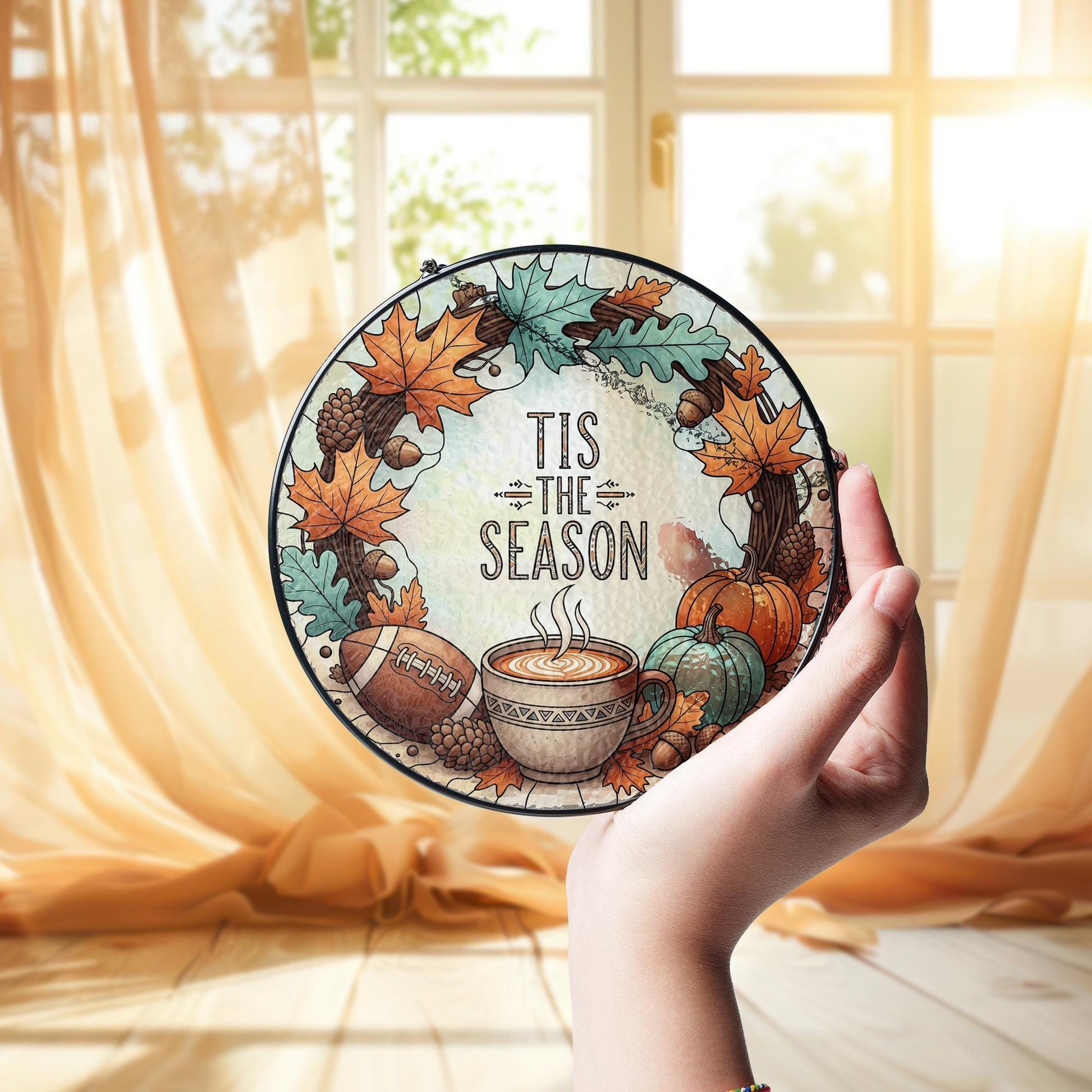 Tis The Season Glass Suncatcher | Fall Coffee Pumpkin Window Decor | Autumn Wreath Sun Catcher | Cozy Seasonal Glass Hanging Gift