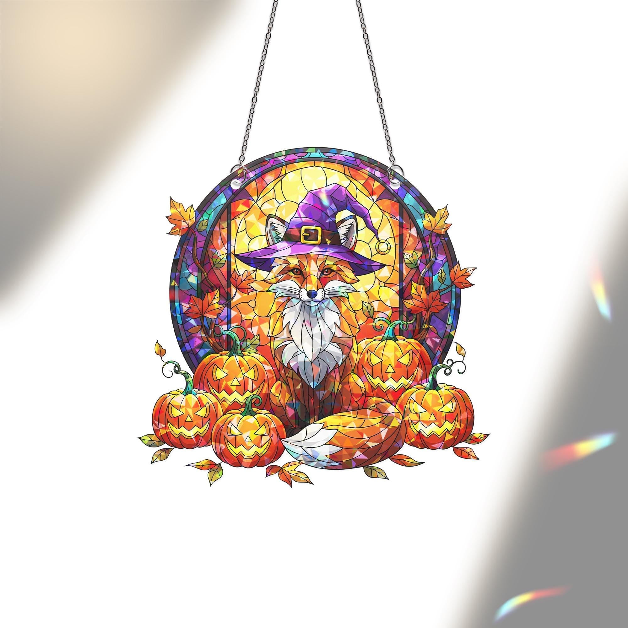 Fox Witch Acrylic Window Hanging | Fall Pumpkin Jack-o'-Lantern Suncatcher | Autumn Halloween Window Decor | Cozy Fox Wall Art