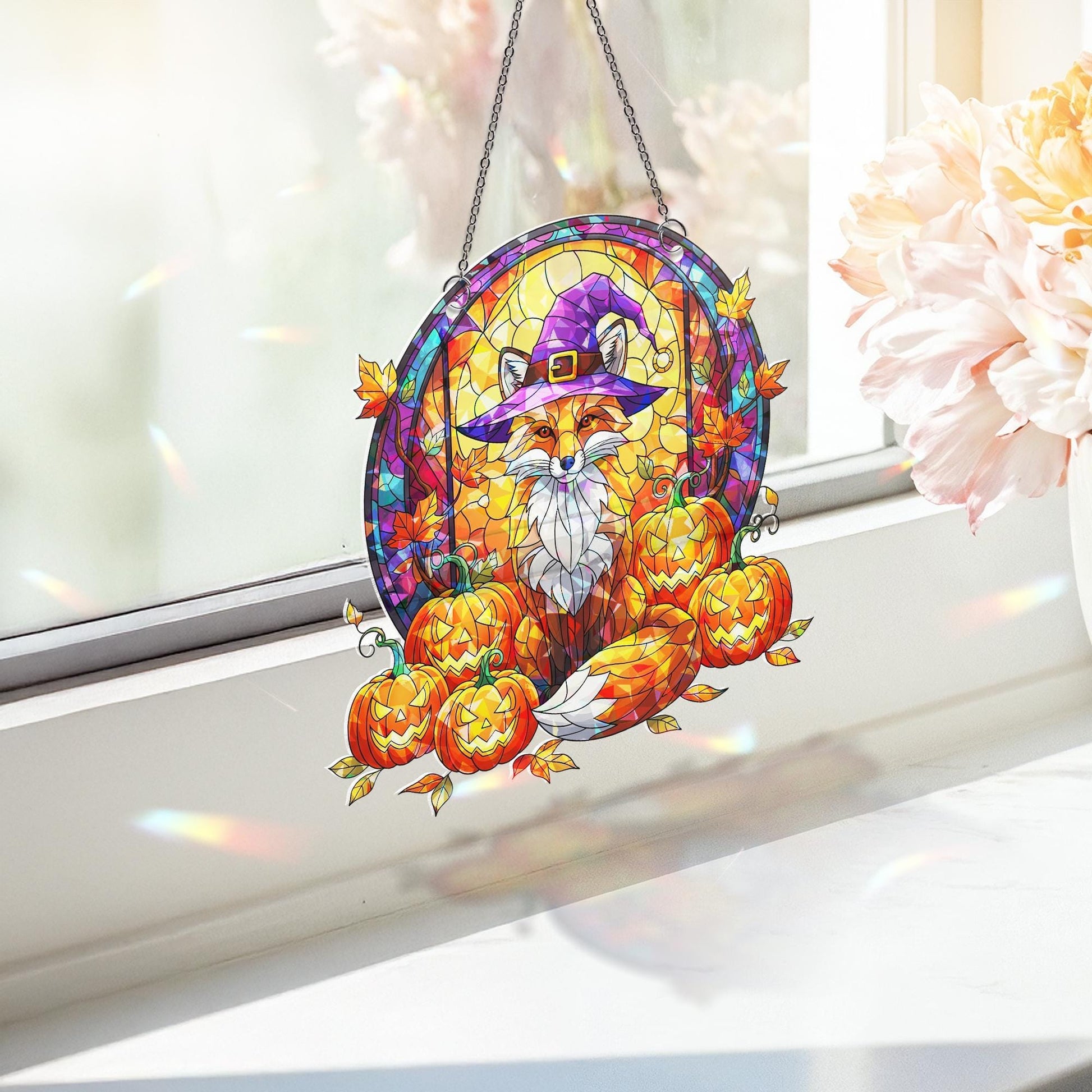 Fox Witch Acrylic Window Hanging | Fall Pumpkin Jack-o'-Lantern Suncatcher | Autumn Halloween Window Decor | Cozy Fox Wall Art
