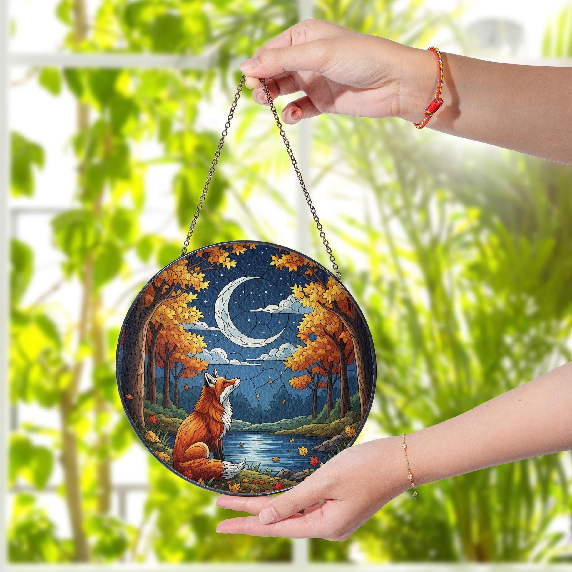 Fox and Moon Glass Suncatcher | Autumn Forest Window Hanging | Fall Crescent Moon Decor | Woodland Animal Glass Art Panel