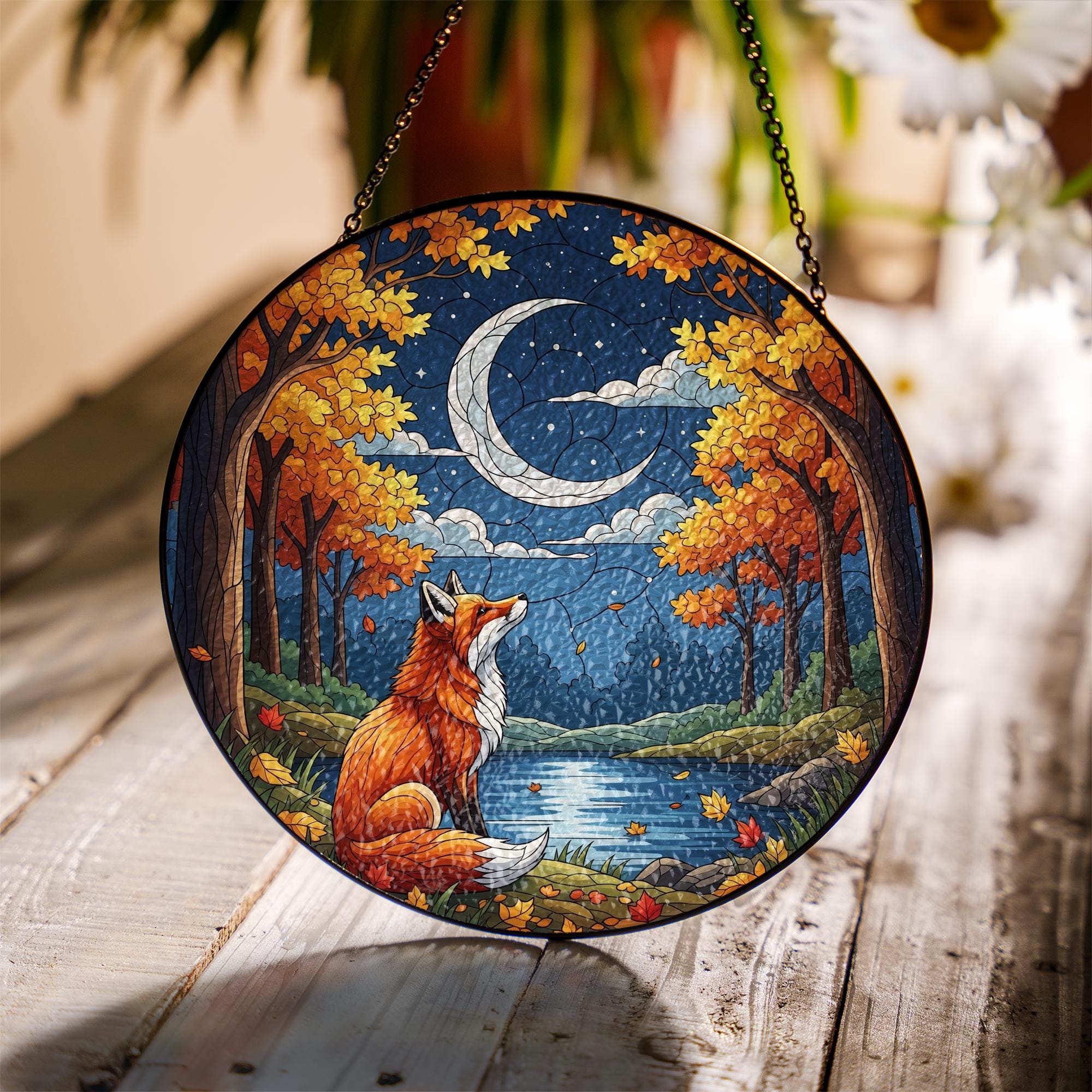 Fox and Moon Glass Suncatcher | Autumn Forest Window Hanging | Fall Crescent Moon Decor | Woodland Animal Glass Art Panel
